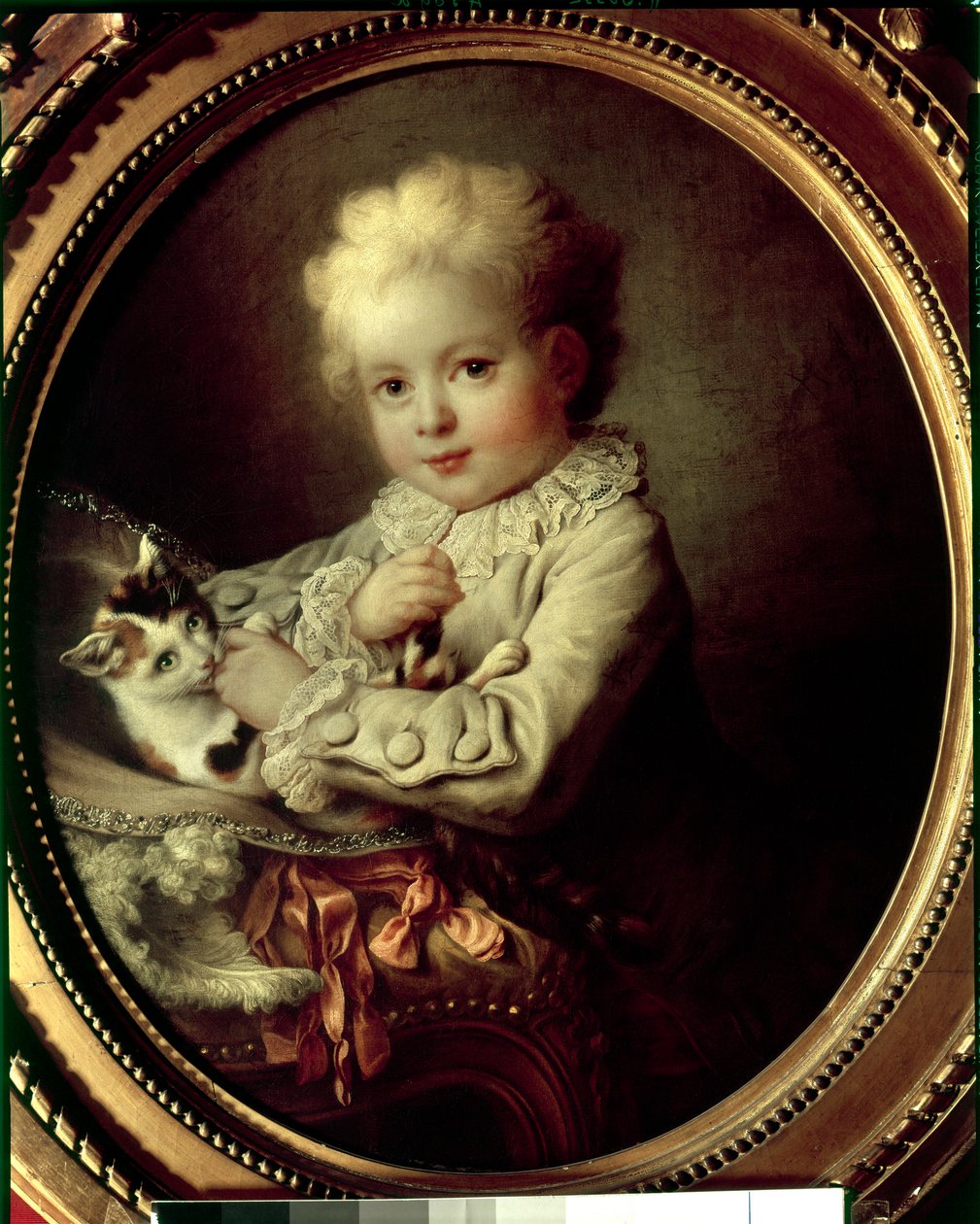 Bir kediyle oynayan genç bir çocuğun portresi Resim Francois Hubert Drouais (1727-1775) 18. yüzyıl Paris, Musee Jacquemart Andre by Francois Hubert Drouais