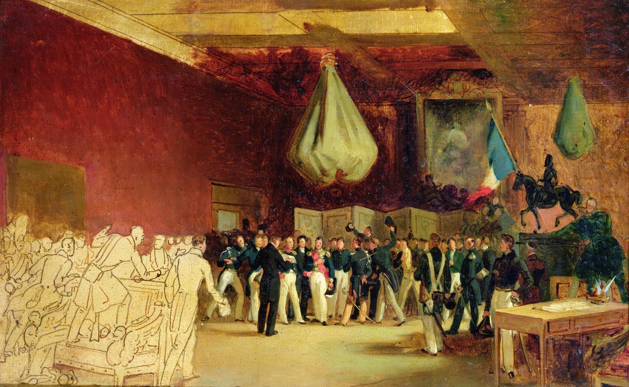 Temsilciler Meclisi, Orleans Dükü I. Louis Philippe'e (1773-1850), kendisini tahta çağıran yasayı ve 1830 Sözleşmesi'ni Kraliyet Sarayı'nda, 7 Ağustos 1830'da sunar. by François Joseph Heim