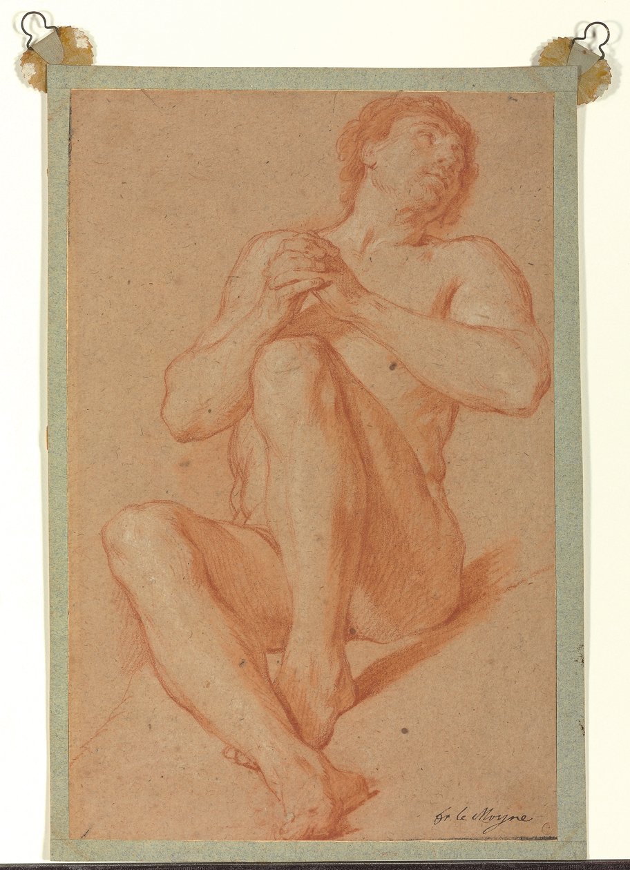 Elleri kavuşturulmuş, oturan çıplak bir akademisyen, 1723-24 civarı (açık kahverengi kağıt üzerinde kırmızı ve beyaz tebeşir) by François Lemoyne