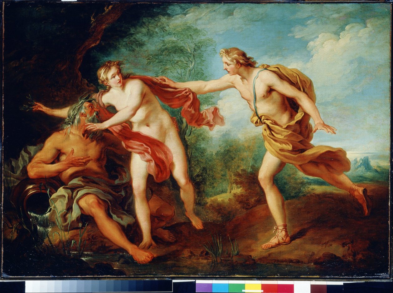 Apollon ve Daphne, babası nehir tanrısı Penee ile birlikte. Francois Le Moyne (1688-1737) tarafından yapılan tablo. Tuval üzerine yağlıboya. 18. yüzyıl Fransız resmi. Devlet Müzesi Arkhangelskoye Malikanesi, Moskova by François Lemoyne