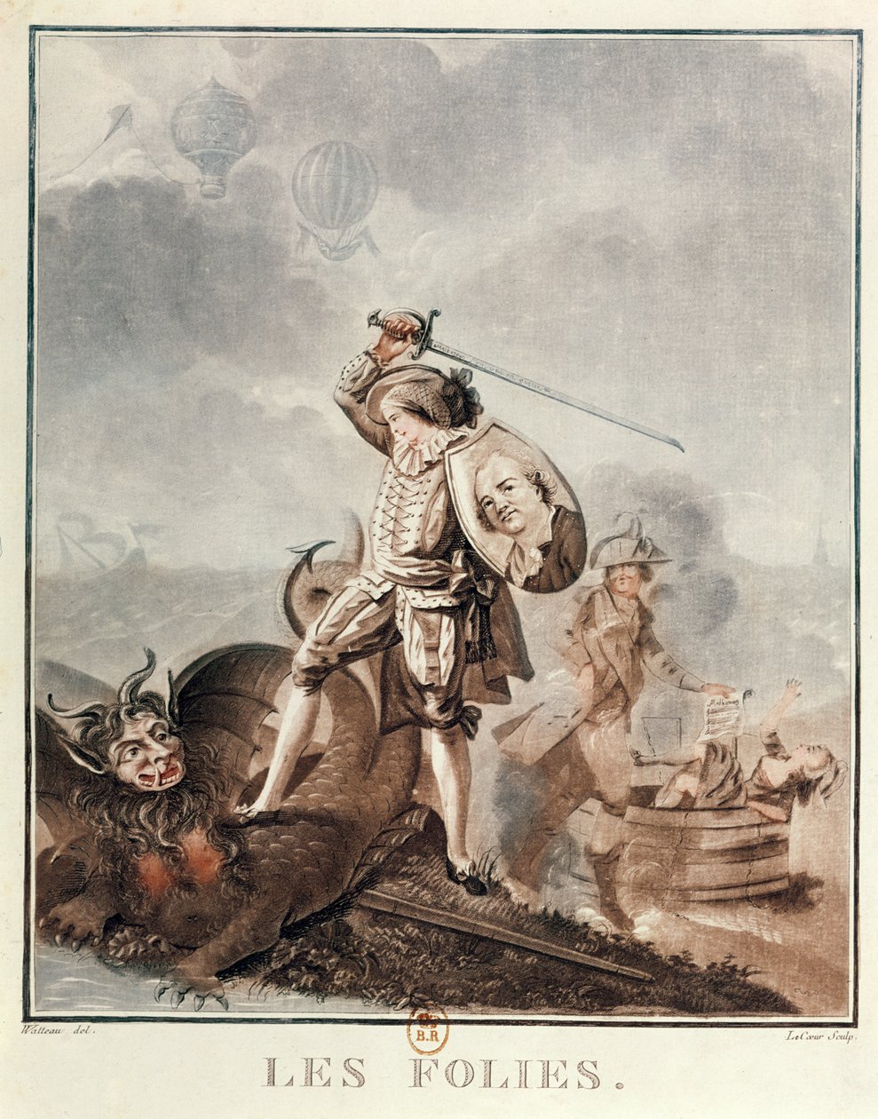 Figaro harpy ile savaşıyor, c.1786 (aquatint) by Francois Louis Joseph Watteau