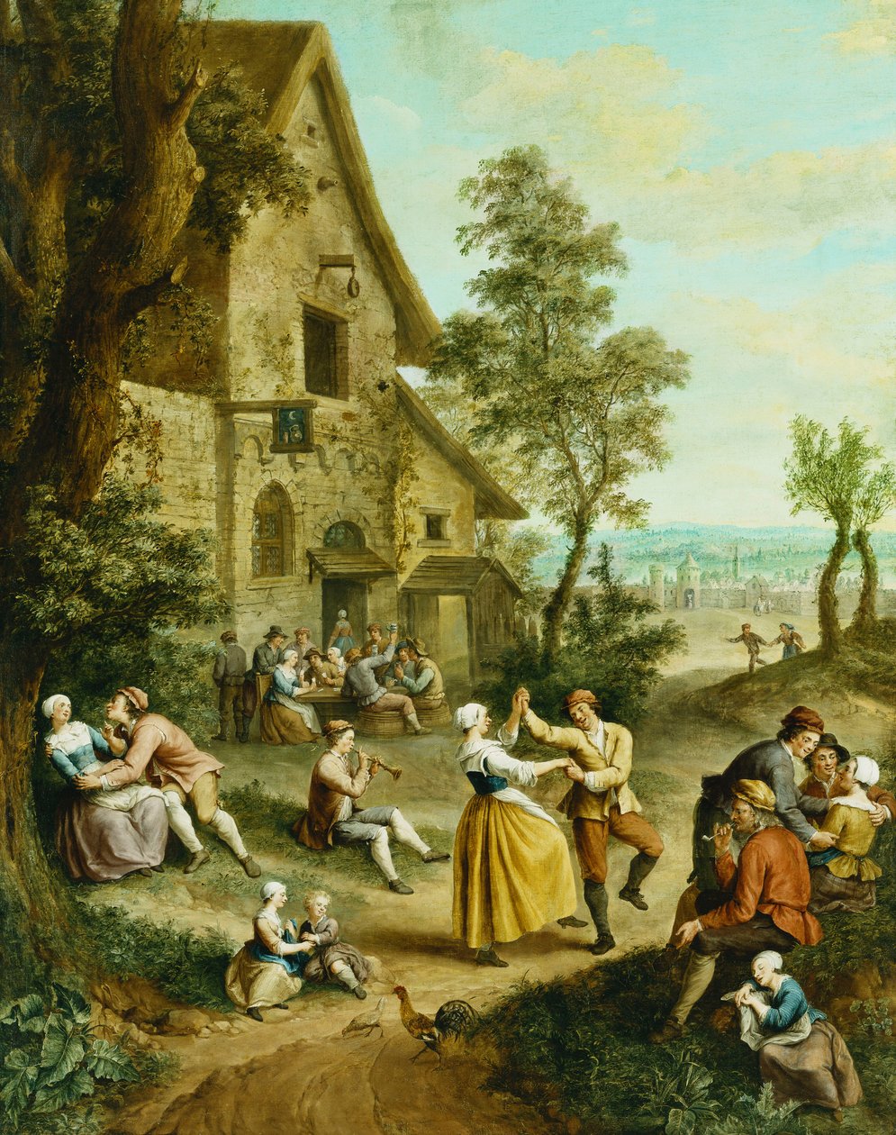 Bir Tavernanın Önünde Dans Eden Köylüler, Ötesinde Surlarla çevrili Bir Kasaba, by Francois Louis Joseph Watteau