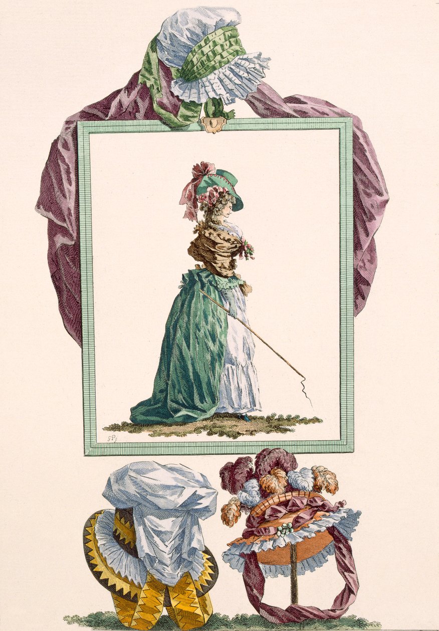 Pierrot caraco giymiş genç bir kadın elinde bir araba kırbacı tutuyor, Dupin tarafından oyulmuş, 'Galeries des Modes et Costumes Francais'den 238 numaralı plaka, c.1778-87 by Francois Louis Joseph Watteau
