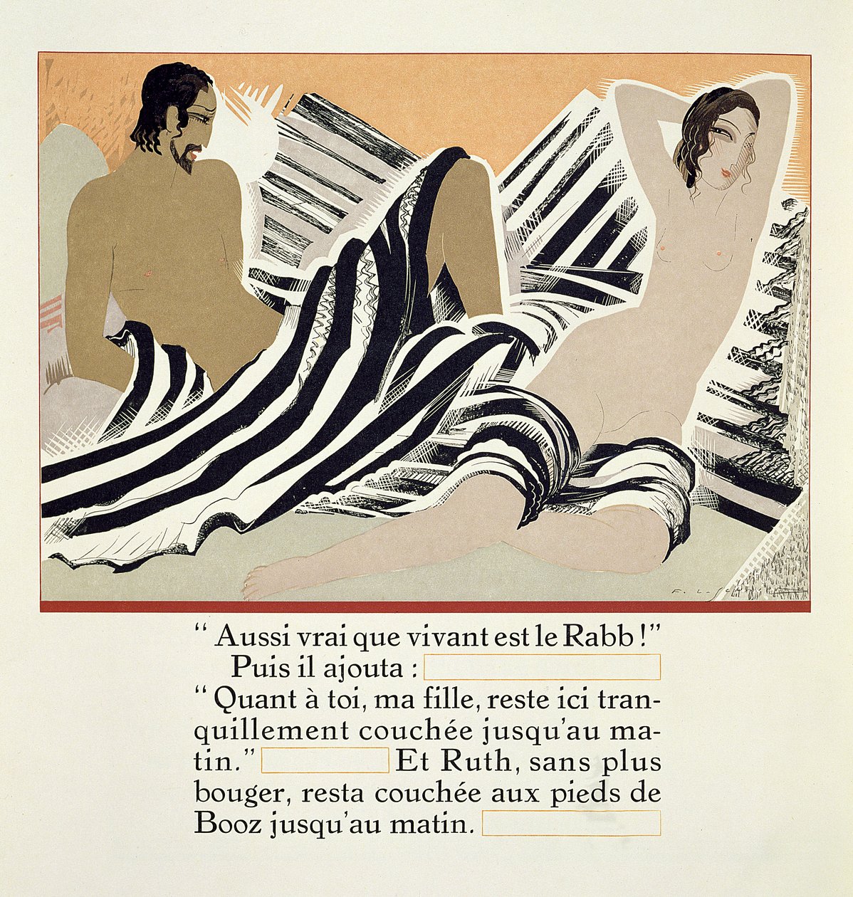 Ruth, Boaz'ın ayaklarında dinleniyor, 'Ruth et Booz'dan, JC Mardrus tarafından çevrilmiş, 1930'da yayınlandı by Francois Louis Schmied