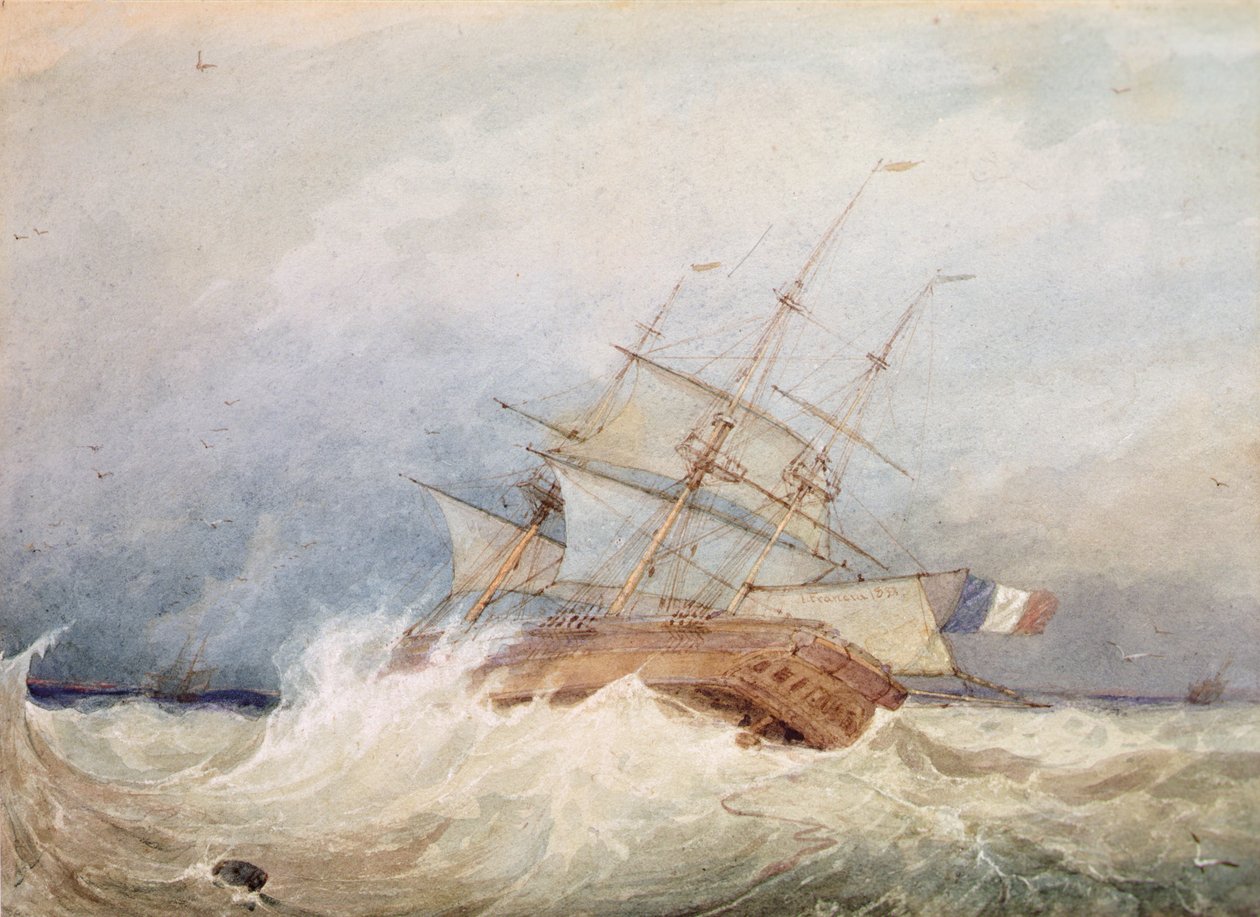Fırtınalı Havada Bir Fransız Fırkateyni (suluboya) by Francois Louis Thomas Francia