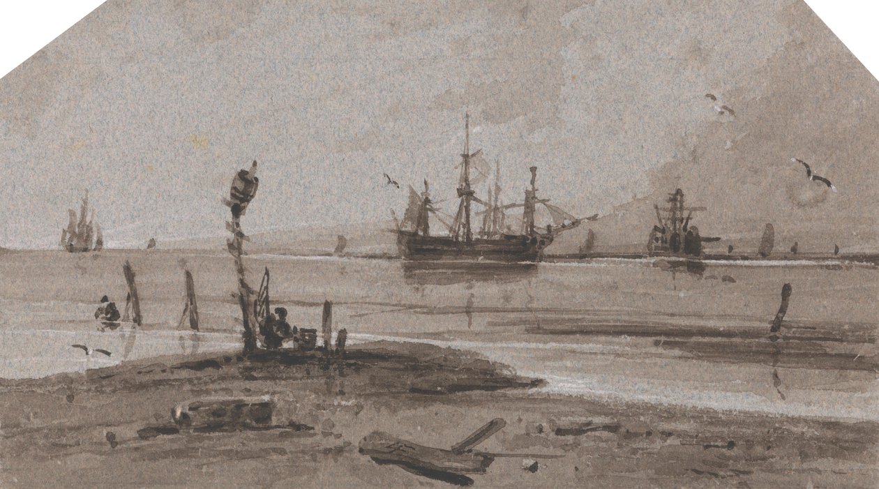Sakin Denizde Açık Denizde Demirlemiş Gemiler by Francois Louis Thomas Francia