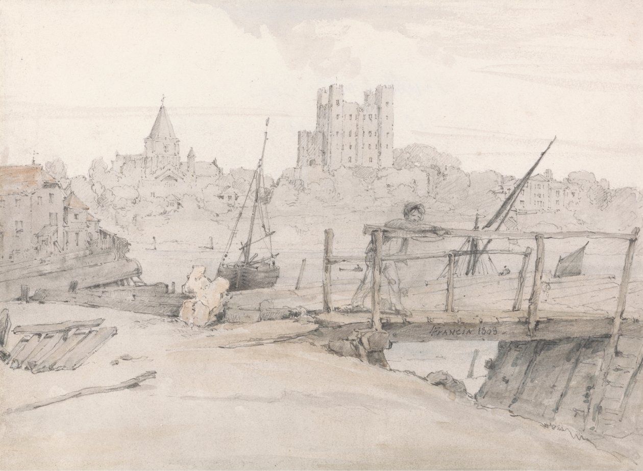 Rochester Kalesi ve Katedralin Güneydoğu Görünümü by Francois Louis Thomas Francia