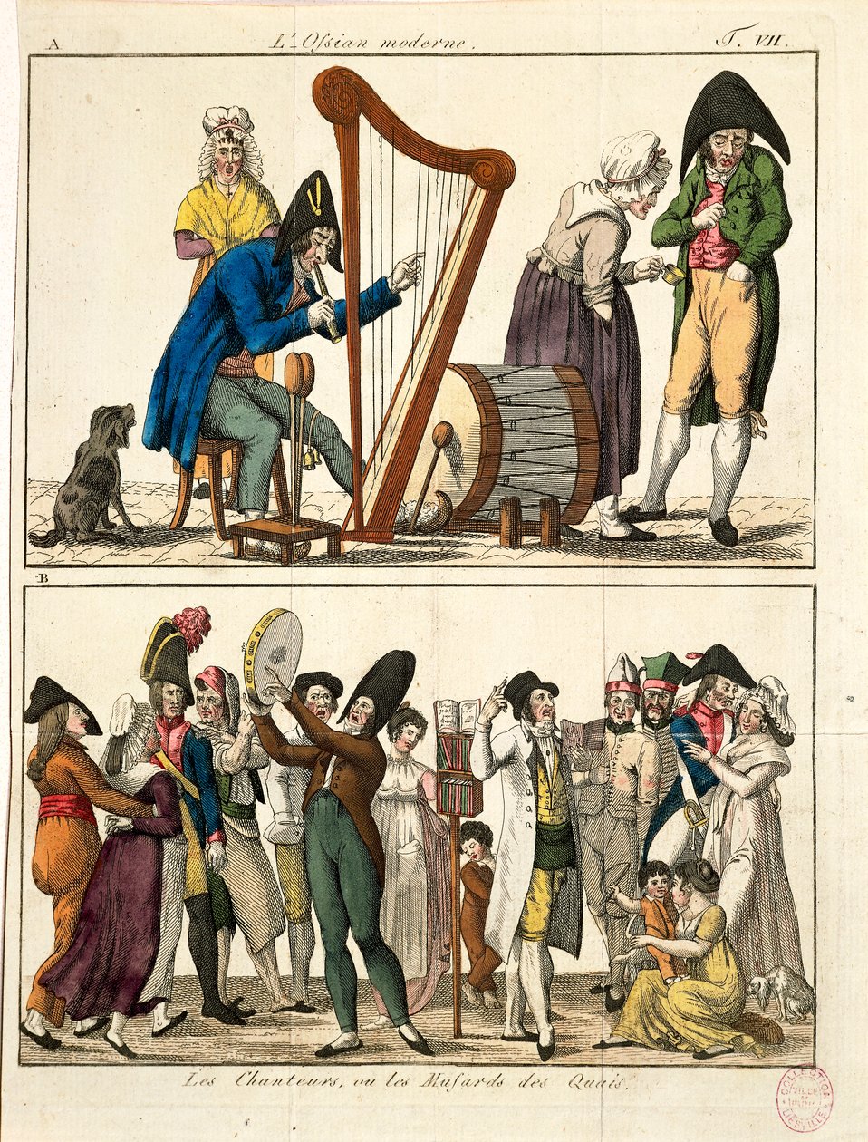 Modern Ossian ve sokak şarkıcılarının karikatürü, Francois Nicolas Martinet tarafından, gravür by Francois Nicolas Martinet
