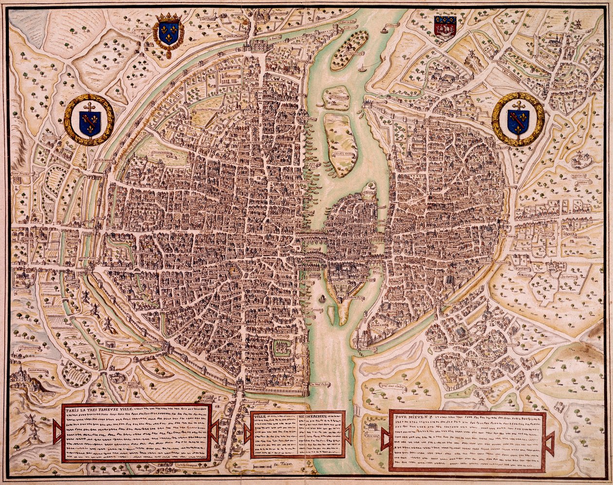 1540-1555 yıllarında Paris şehrinin haritası goblenlerden bahsetti. Francois Roger de Gaignieres (1642-1715) tarafından yapılan gravür. Paris, B.N. by Francois Roger de Gaignieres