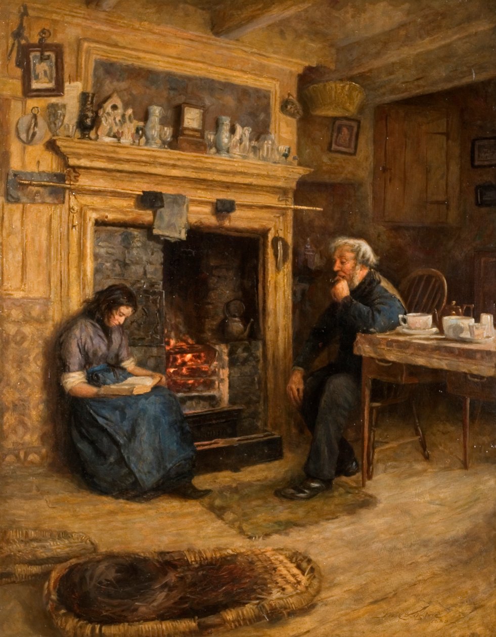 İç Mekan, Yaşlı Adamı Okuyan Kadın, 1889 by Frank Stanley Ogilvie