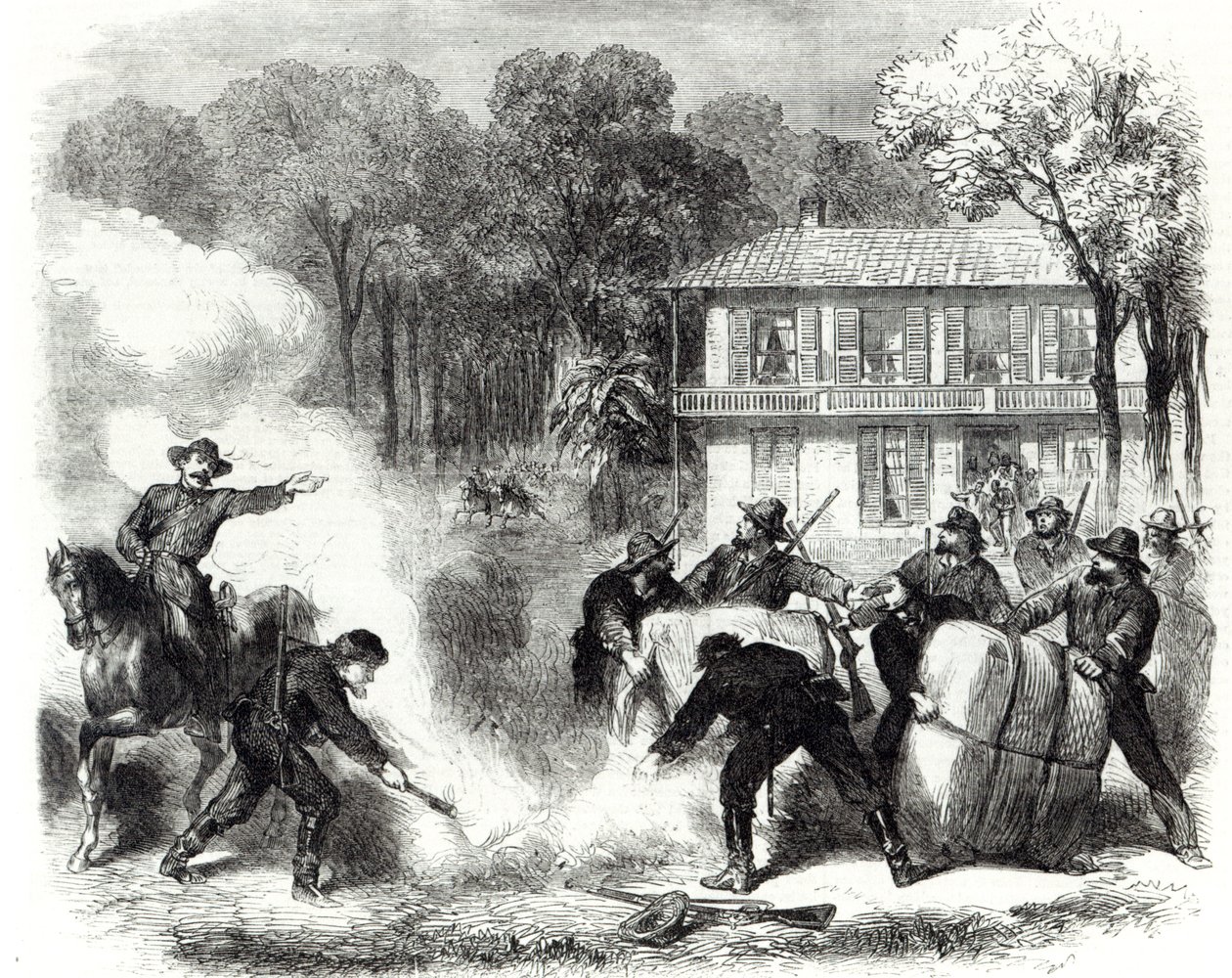 Confederate cotton burners near Memphis surprised by Federal scouts during the American Civil War, 1862   by Frank Vizetelly