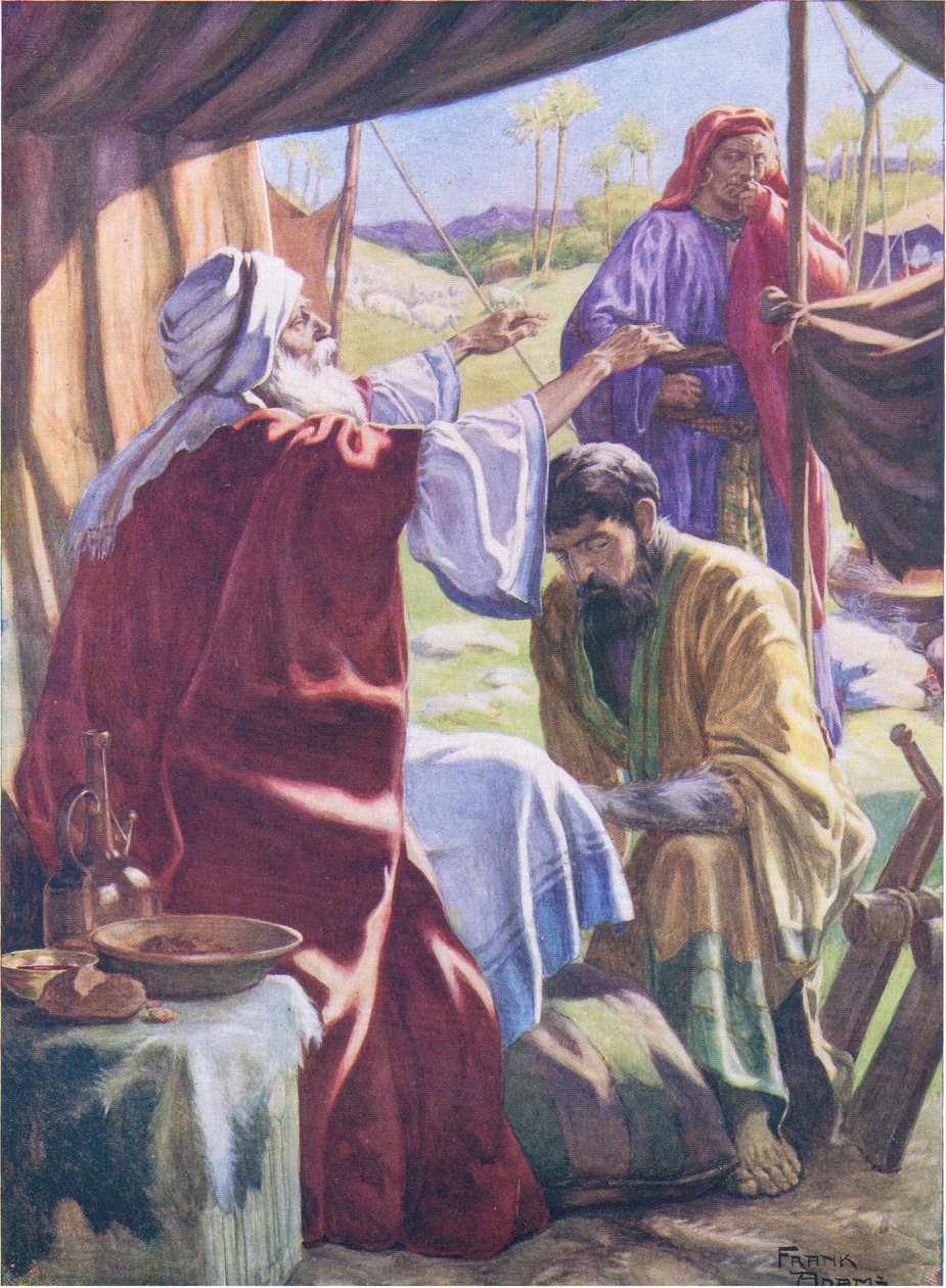 Jacob, Thomas Nelson tarafından yayınlanan İncil Resimli Kitaptan kutsamayı elde ediyor, 1950 dolayları (renkli lito) by Frank Adams