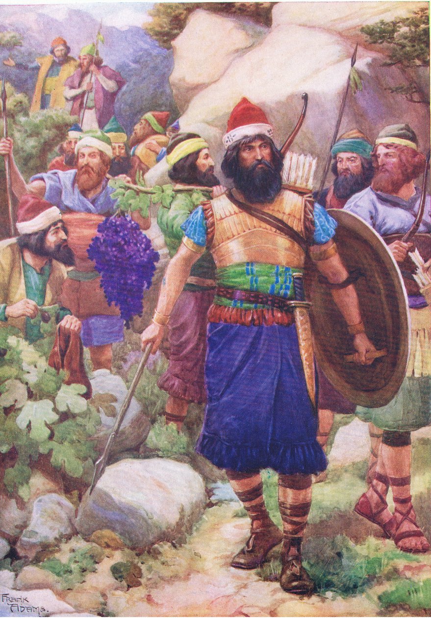 Vaat Edilmiş Toprakları inceleyen izciler, Thomas Nelson tarafından yayınlanan İncil Resimli Kitaptan, 1950 dolayları by Frank Adams