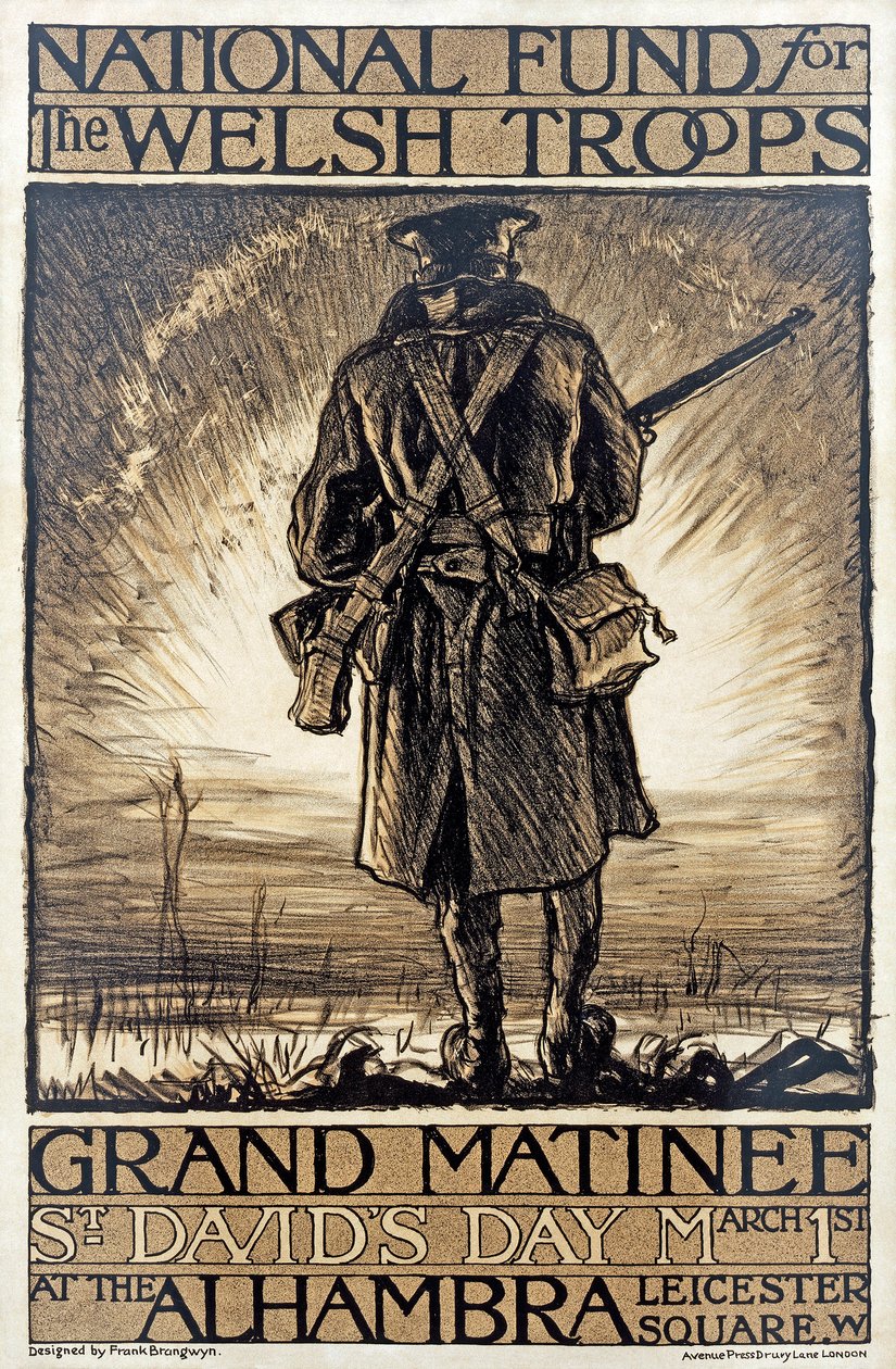 Galler Birlikleri için Ulusal Fon için bir bağış toplama etkinliğinin reklamını yapan afiş, 1 Mart 1915, by Frank Brangwyn