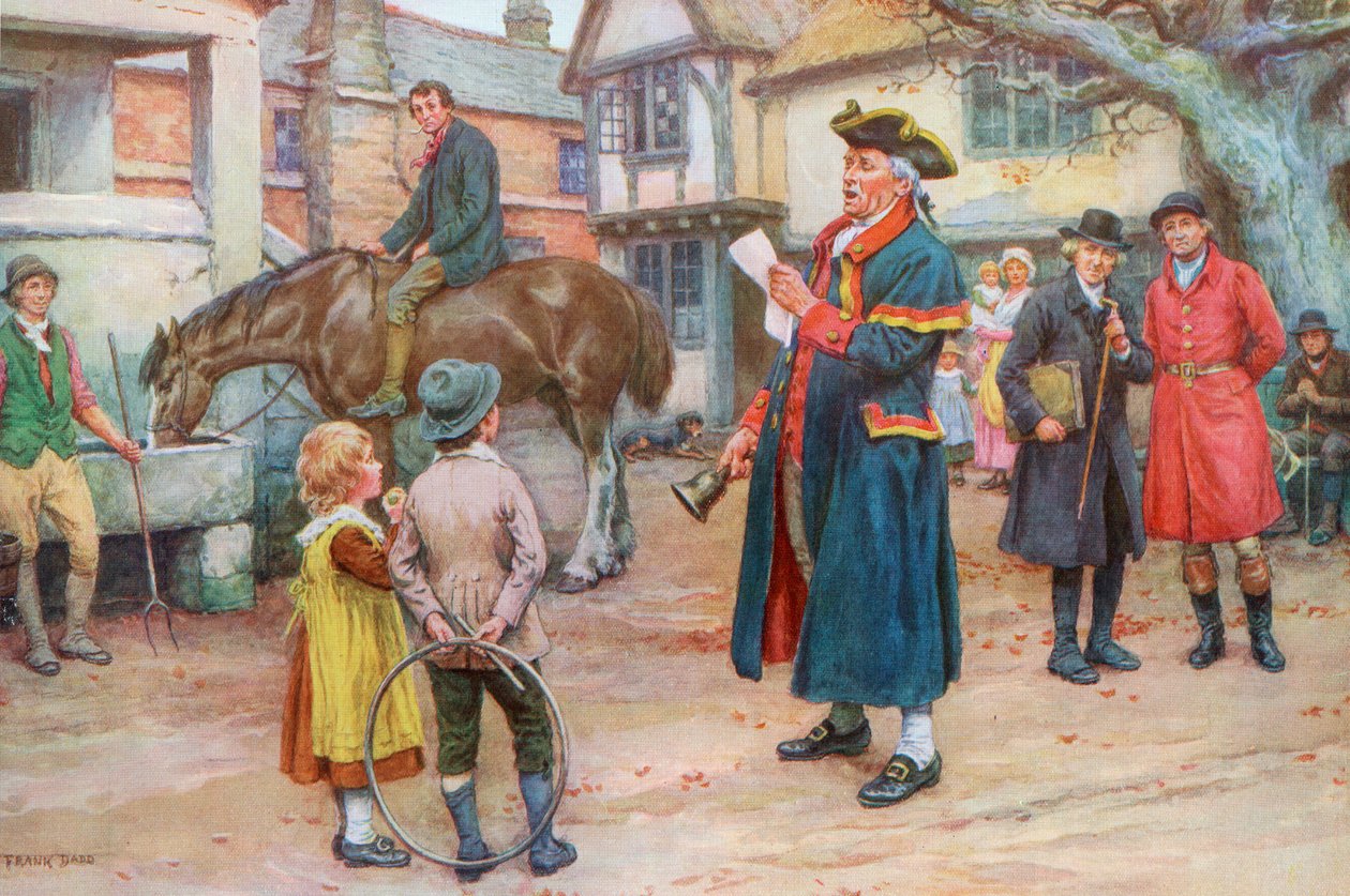 Haberleri okuyan kasaba tellalı, c.1925 (ekran baskısı) by Frank Dadd