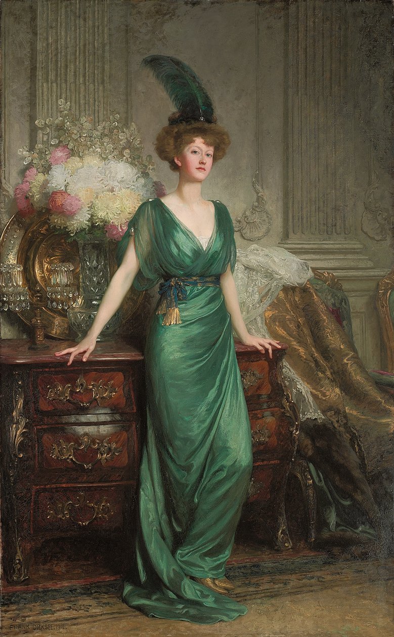 Hon portresi. Bayan Ernest Guinness, Ayakta, Zümrüt Elbise ve Tüy Giymiş, 1912 by Frank Dicksee