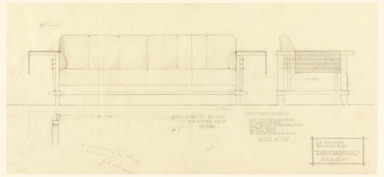 Oturma Odası Davenport, Henry J. Allen Residence, Wichita, Kansas by Frank Lloyd Wright