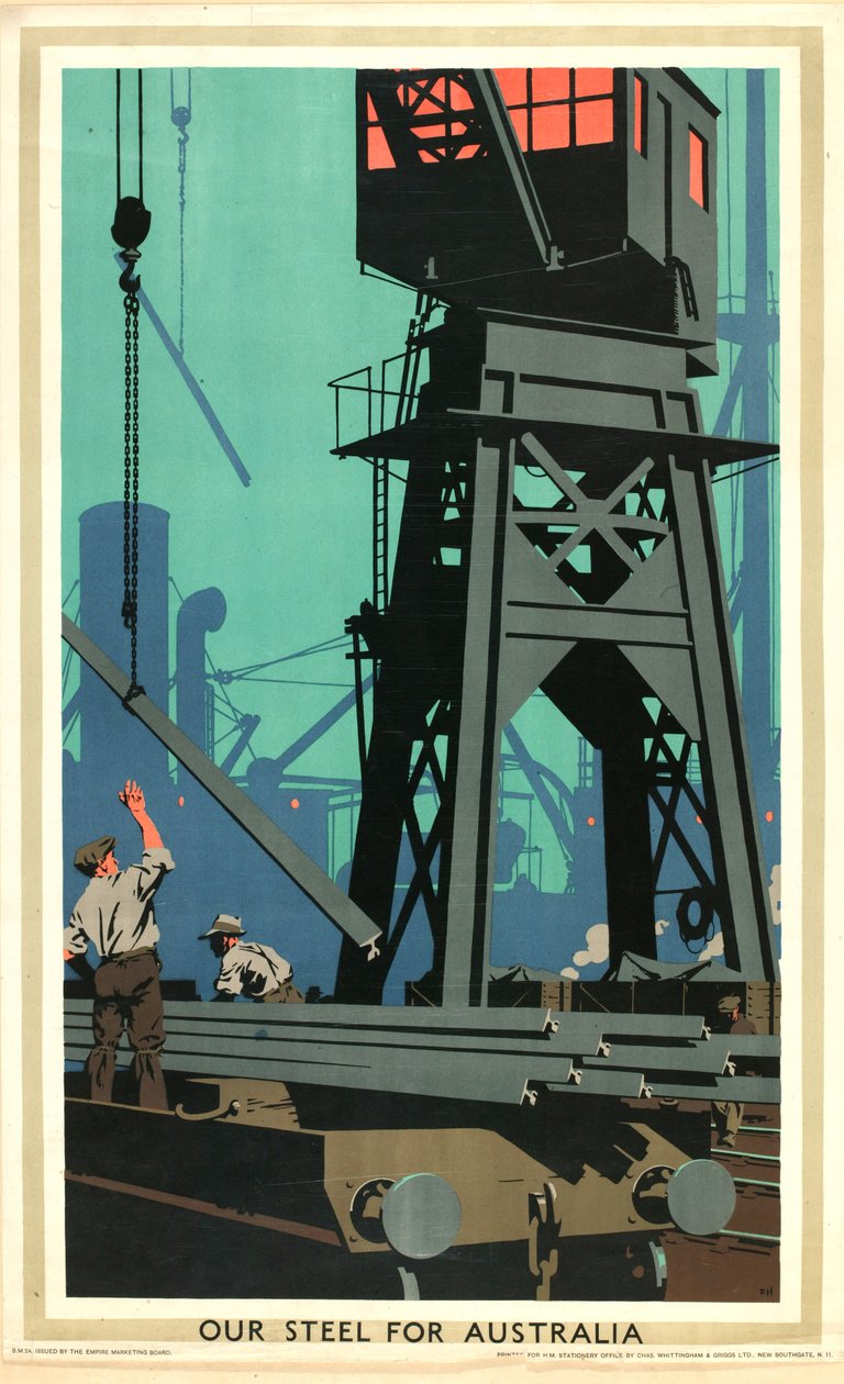 Avustralya için Çeliğimiz, 'Empire Buying Makes Meşgul Fabrikalar' serisinden (renkli litho) by Frank Newbould
