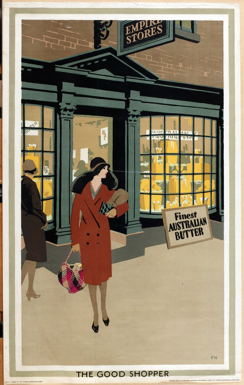 The Good Shopper, "Empire Buying Makes Meşgul Fabrikalar" serisinden (renkli taş baskı) by Frank Newbould