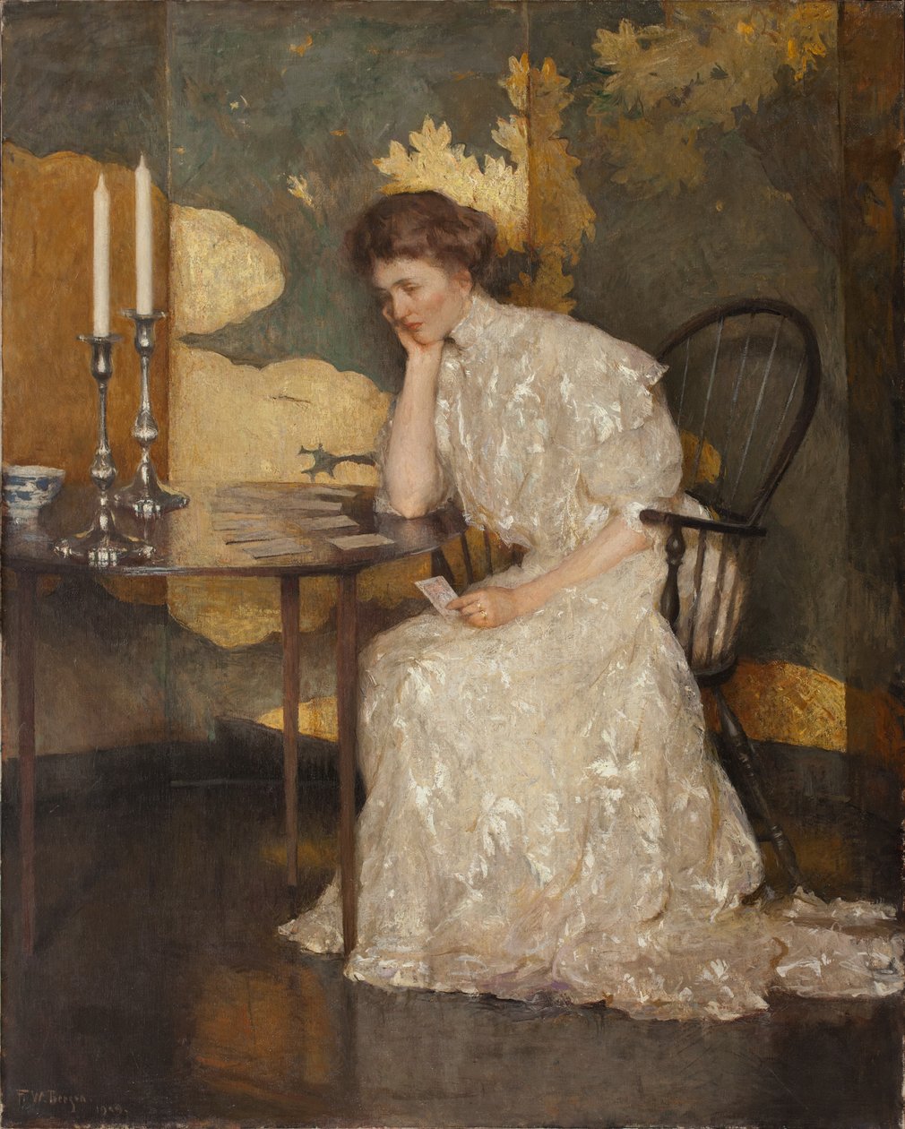 Solitaire ile Oynayan Kız (tuval üzerine yağlı boya) by Frank Weston Benson