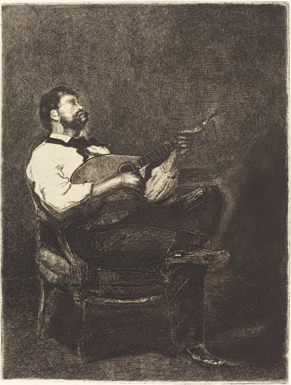 Gitar Çalan, 1861 (döşemiş kağıda gravür) by François Bonvin