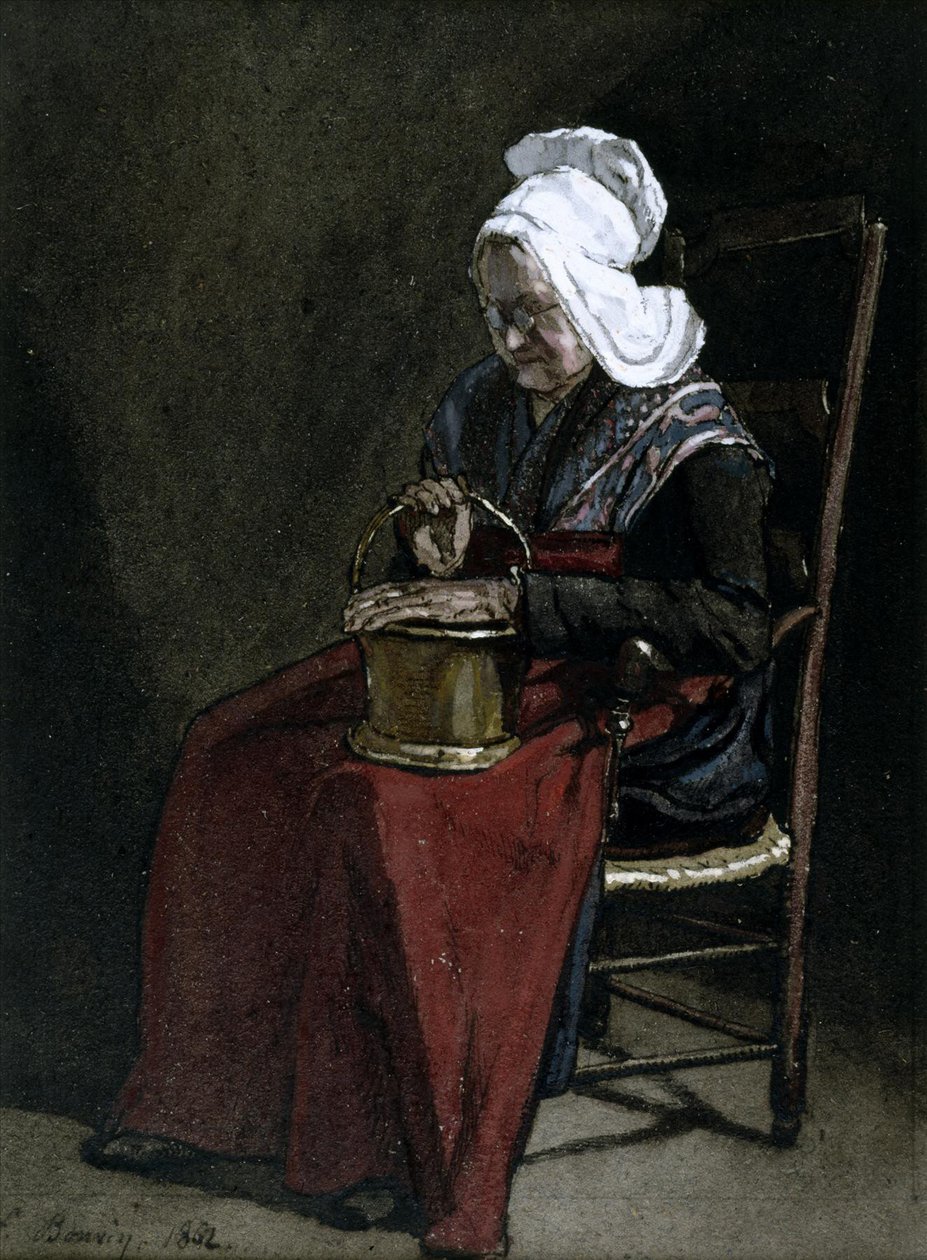 Pirinç Tencereli Yaşlı Kadın, 1862 (kağıt üzerine klozet, kalem ve mürekkep ve kurşun kalem) by François Bonvin