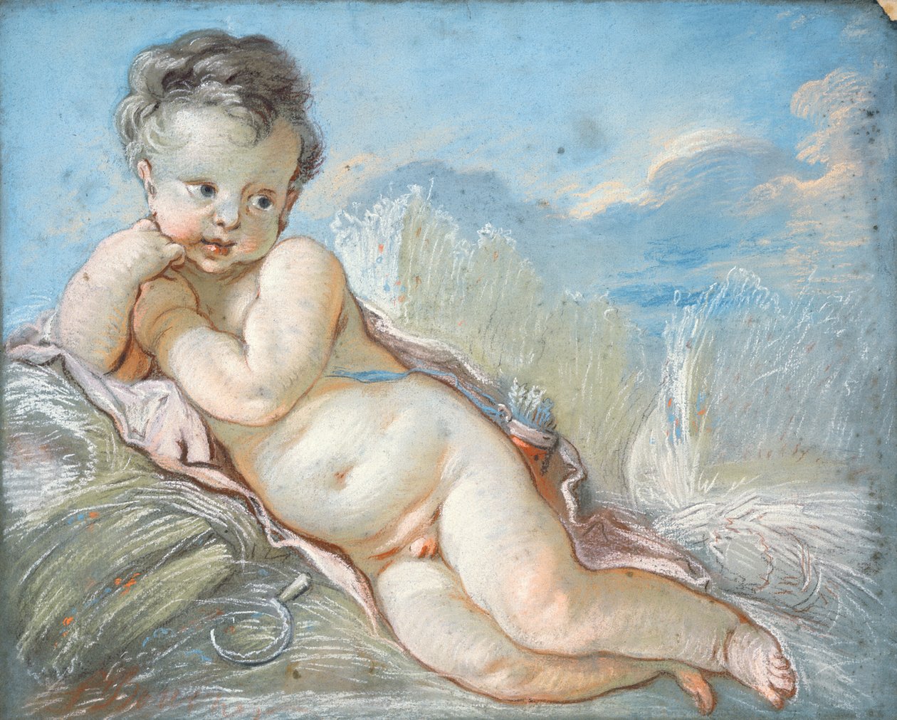 Mısır tarlasında uzanmış aşk tanrısı (tebeşir ve pastel) by François Boucher