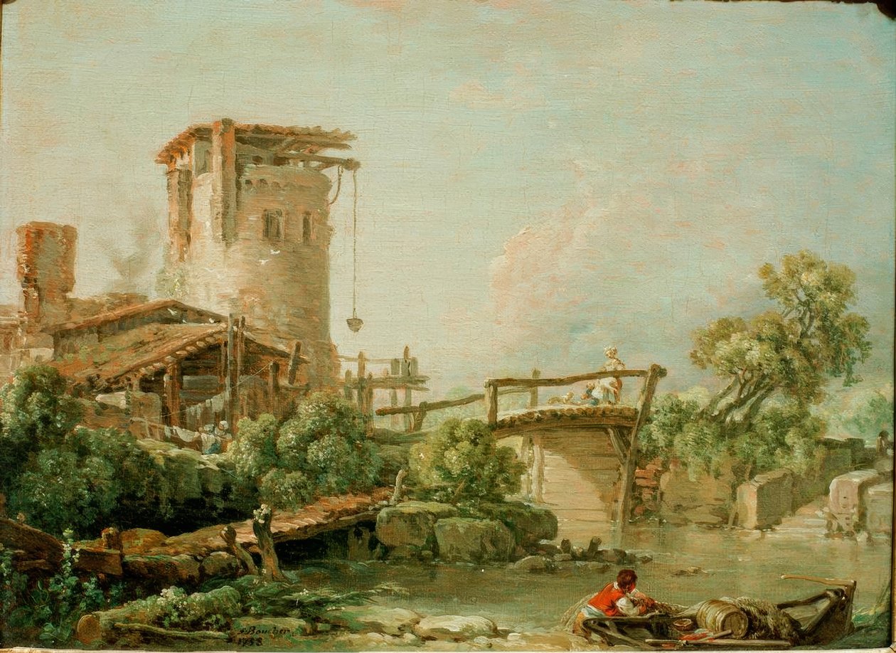 Bir kule ve köprü ile manzara by François Boucher