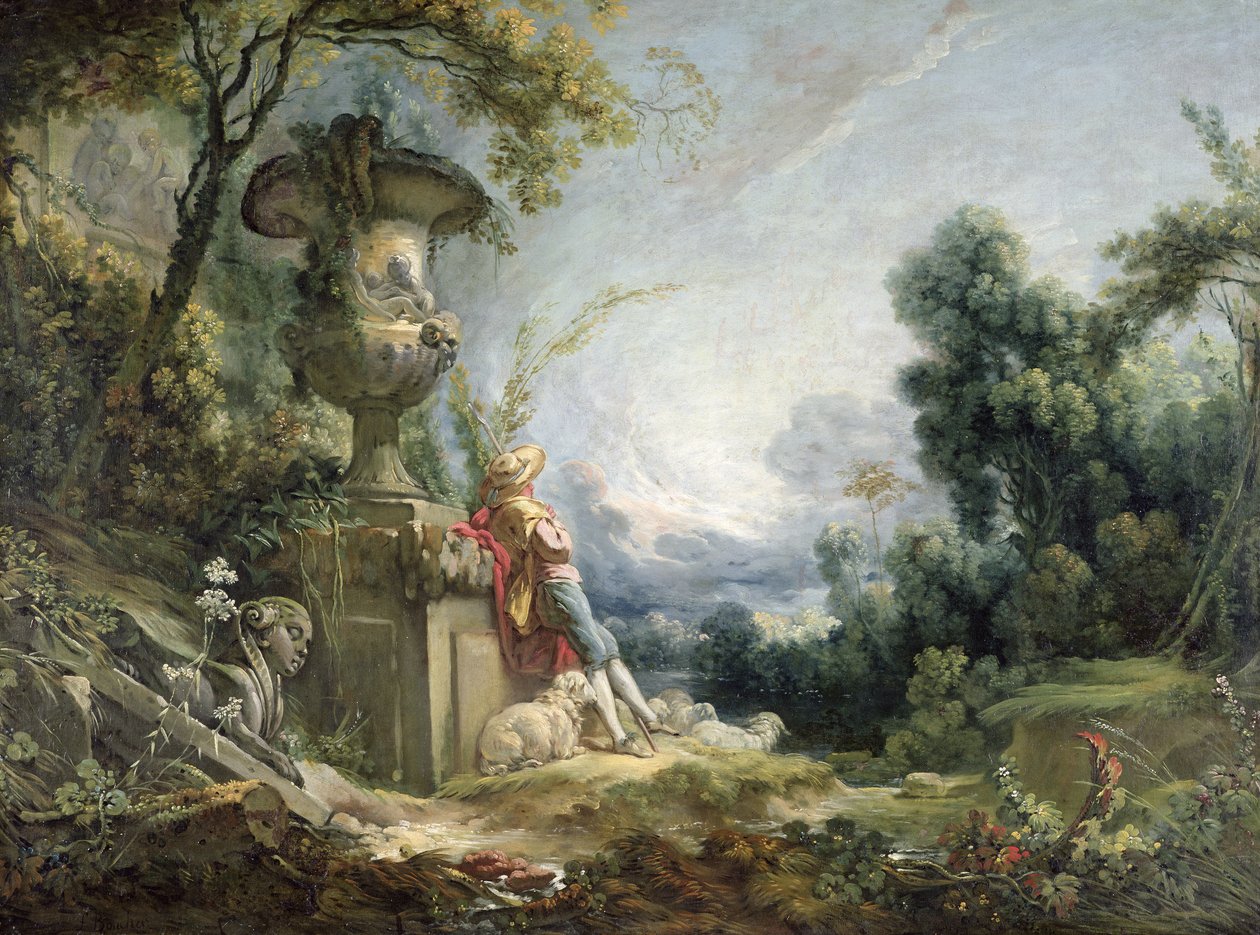 Pastoral Sahne veya Manzaradaki Genç Çoban by François Boucher