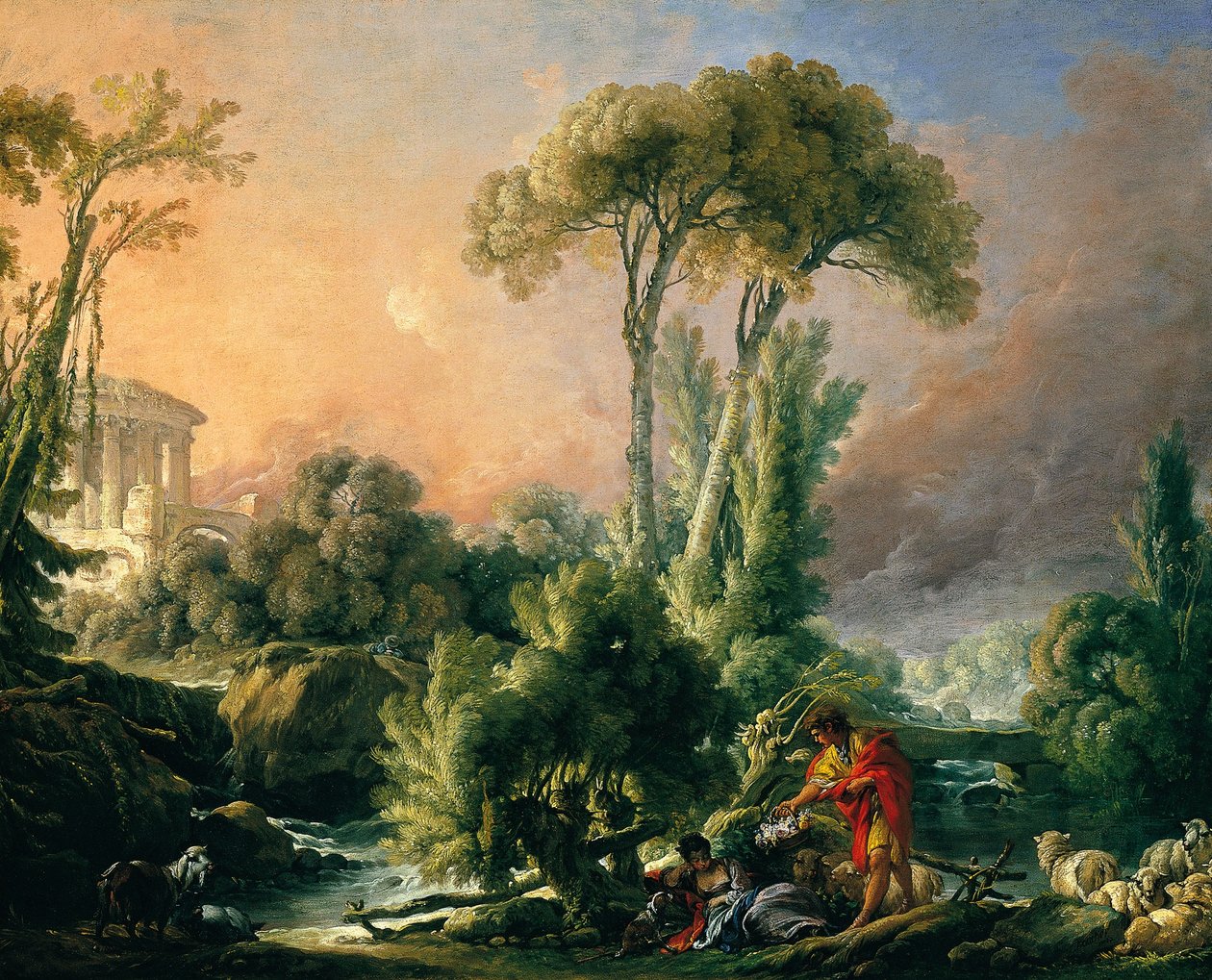 Antik tapınak ile nehir manzarası by François Boucher