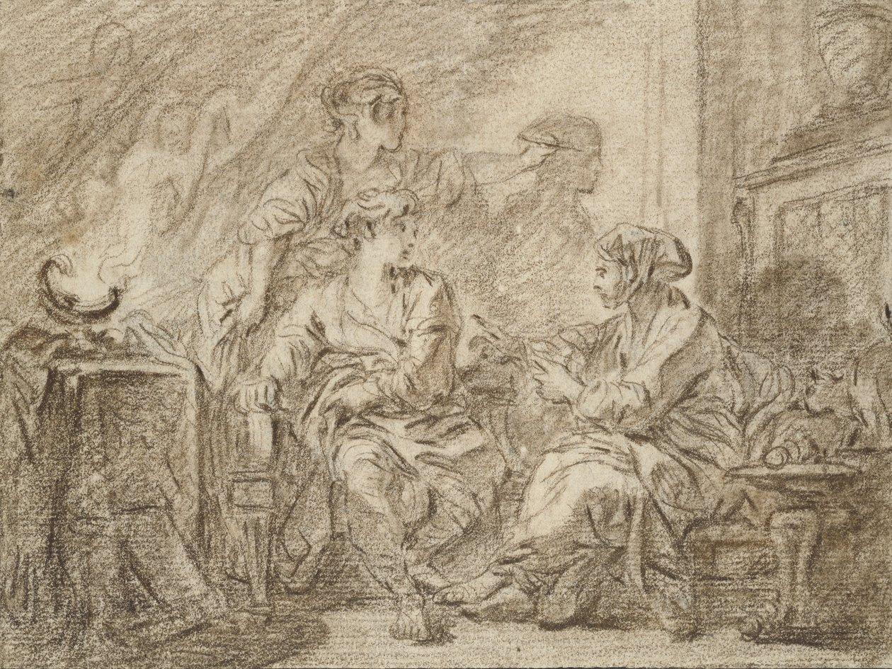 Çizimin İcadı (siyah mürekkeple kenarlı kirli beyaz kağıt üzerine kahverengi tebeşir) by François Boucher