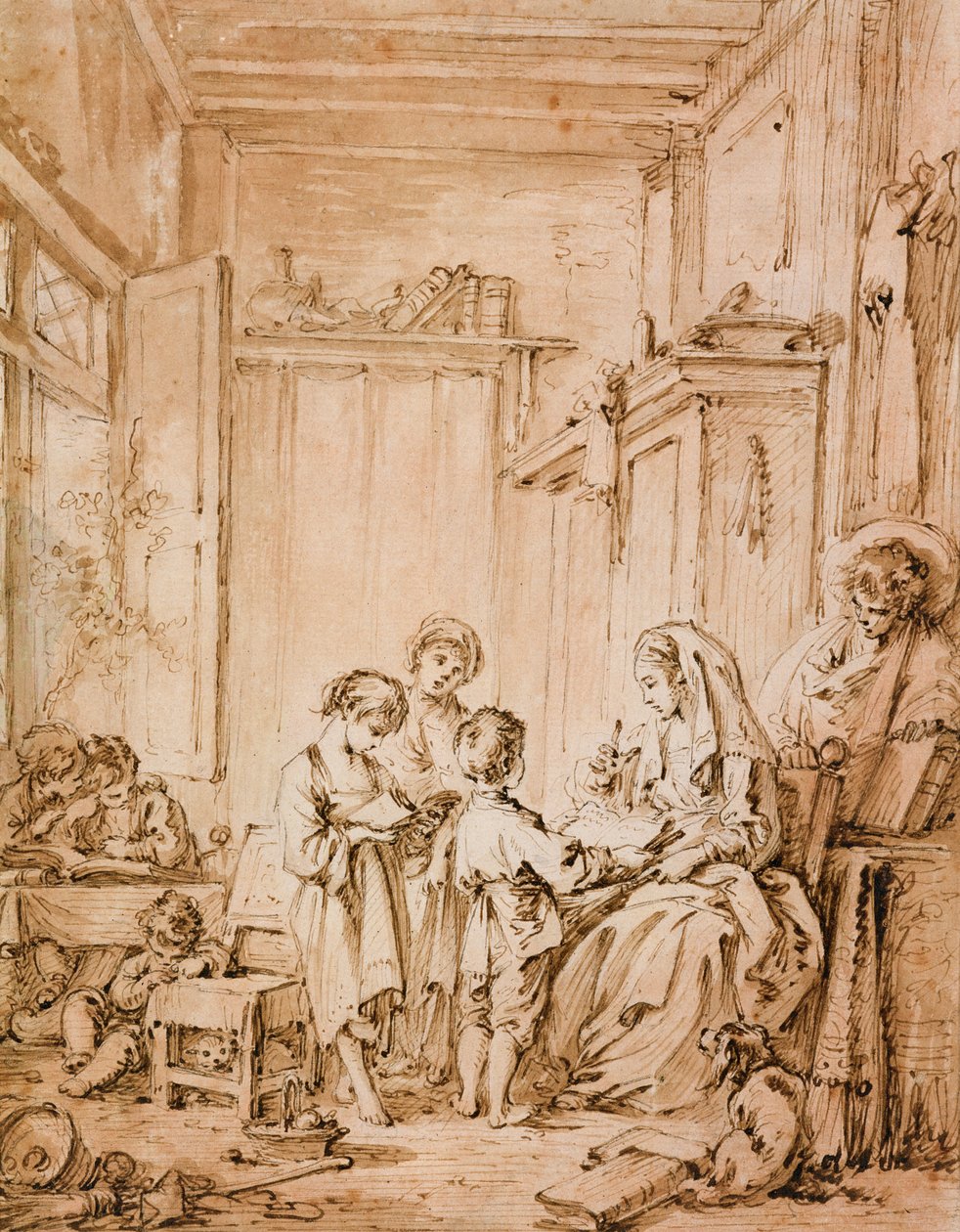 The Schoolroom (kağıt üzerinde mürekkep ve kahverengi yıkama) by François Boucher