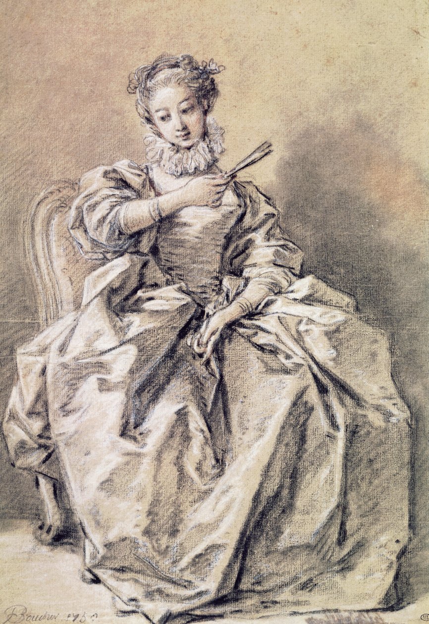 İspanyol kostümlü kadın (kağıt üzerinde kömür ve beyaz tebeşir) by François Boucher