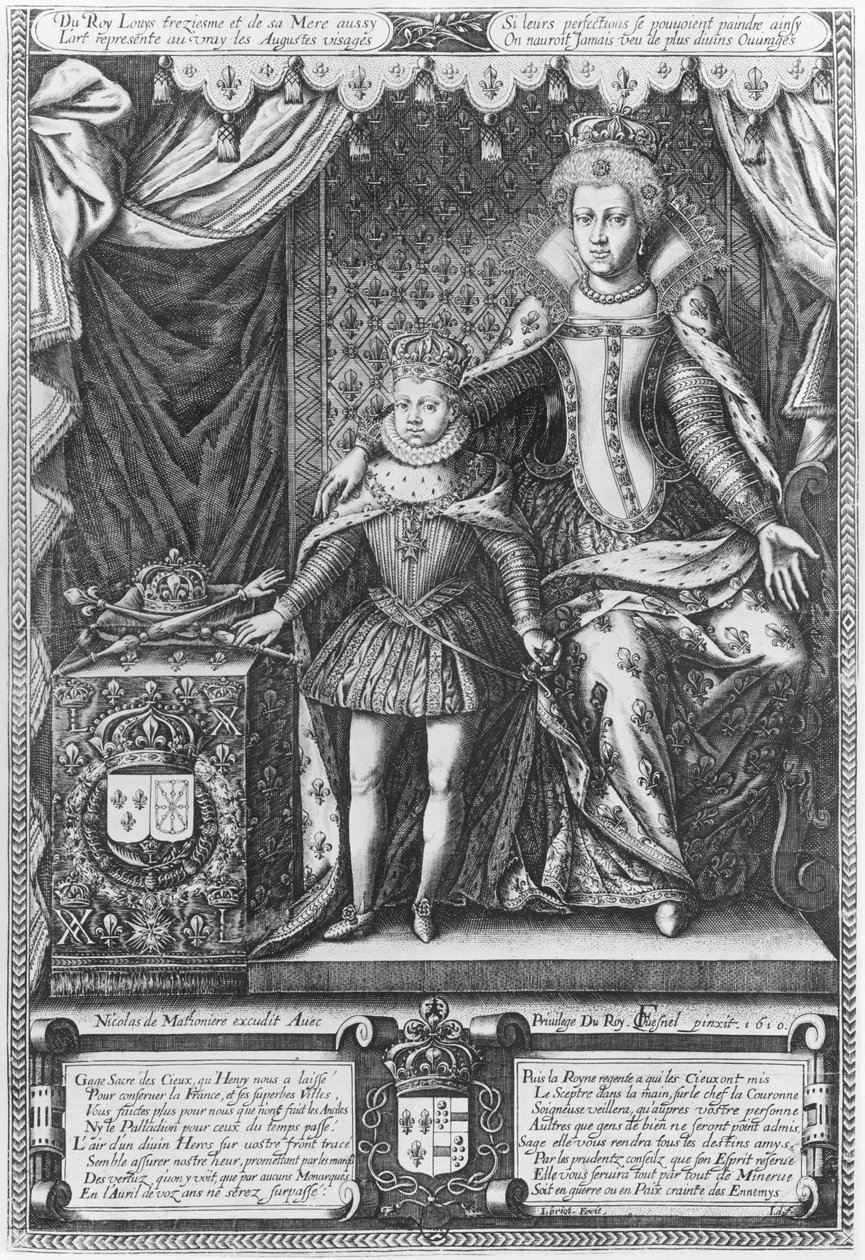 Kraliçe Marie de Medicis ve Louis XIII, çocukken, Nicolas de Mathoniere (fl.1600-22) tarafından oyulmuş 1610 by François Quesnel