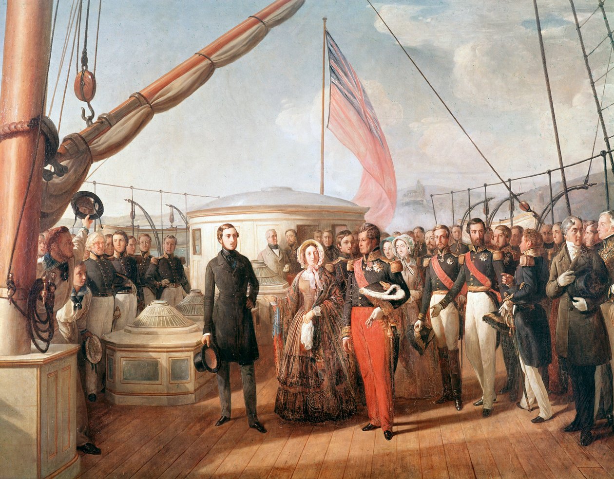 İngiltere Kraliçesi Victoria ile Fransa Kralı Louis-Philipp arasında Victoria ve Albert yatında, Treport açıklarında röportaj, 2 Eylül 1843 (Detaylı Resim) by François Auguste Biard