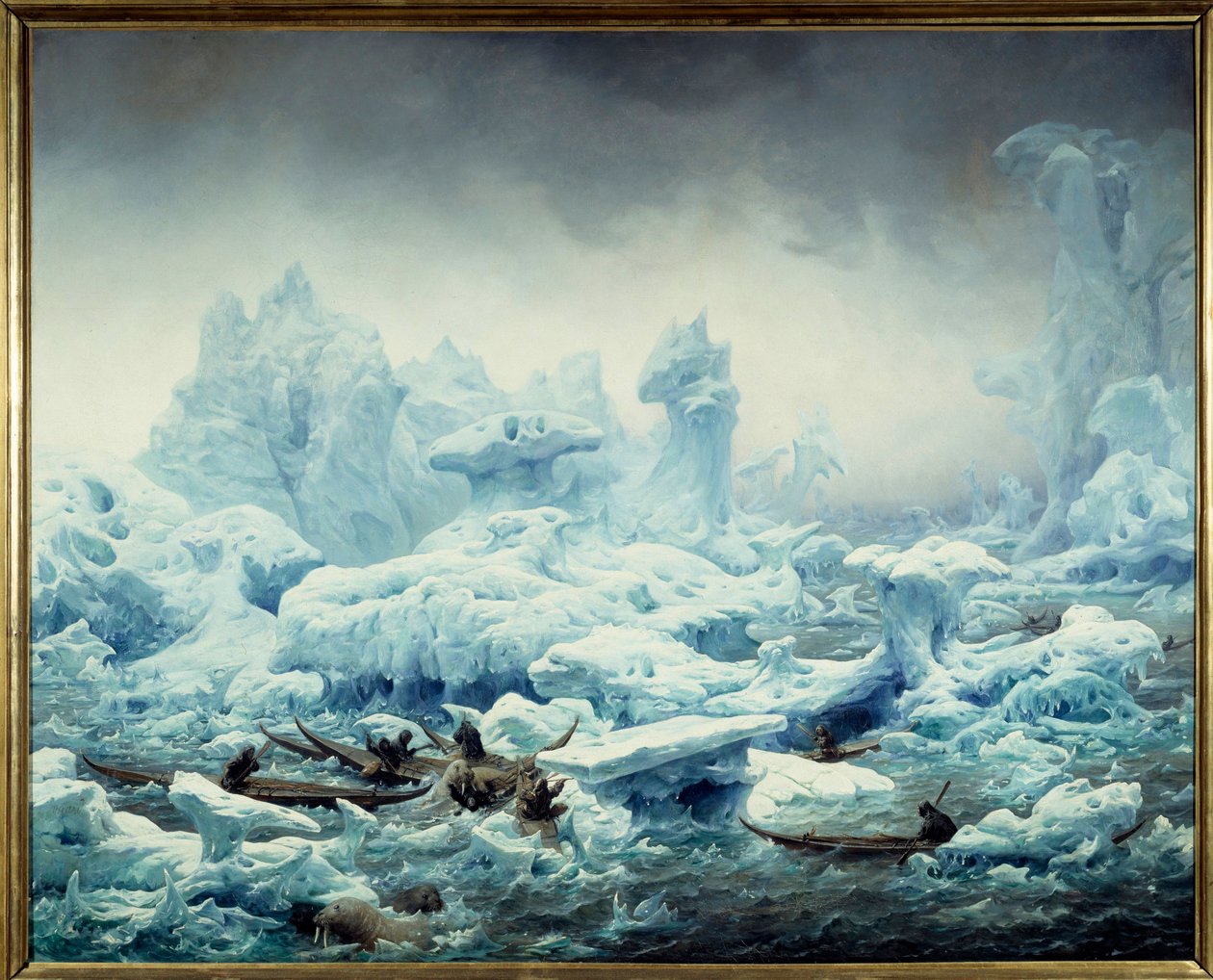 Buzlu okyanus manzarası, Grönlandlılar tarafından mors balıkçılığı Resim Francois Auguste Biard (1799-1882) 1841 Güneş. 1,3x1,63 m Dieppe, musee du chateau - Arktik Okyanusu