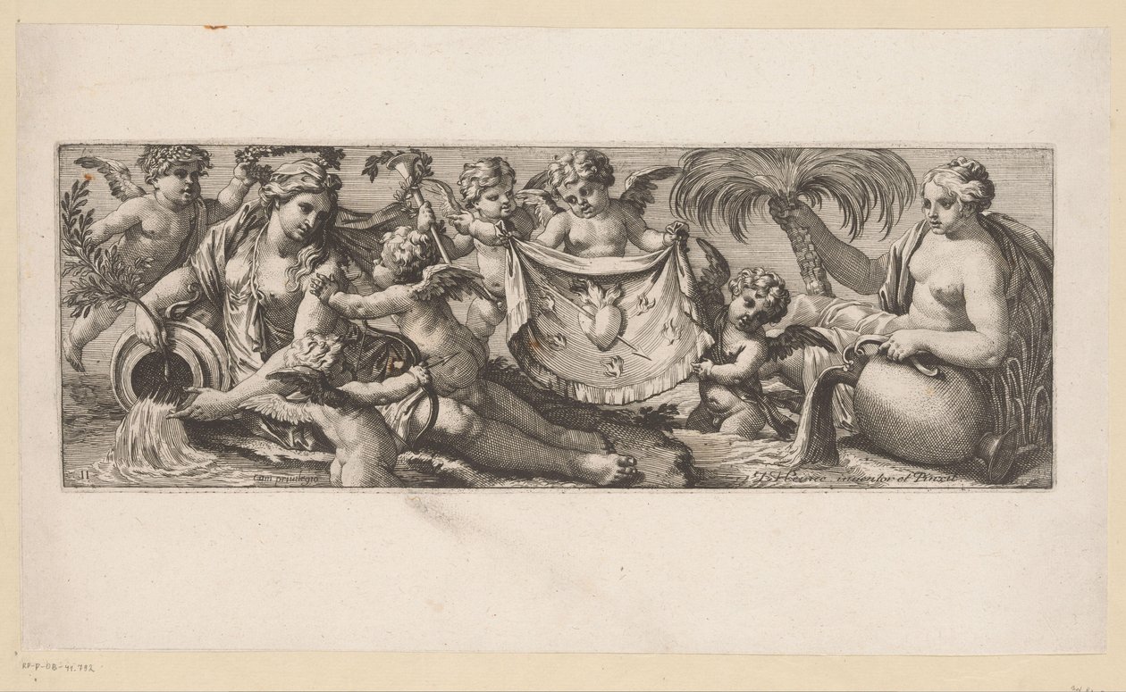 Kalbi yanan ve bazı su perileri tarafından delinmiş putto Suyun kenarındaki mitolojik figürler (dizi başlığı) by François Bignon