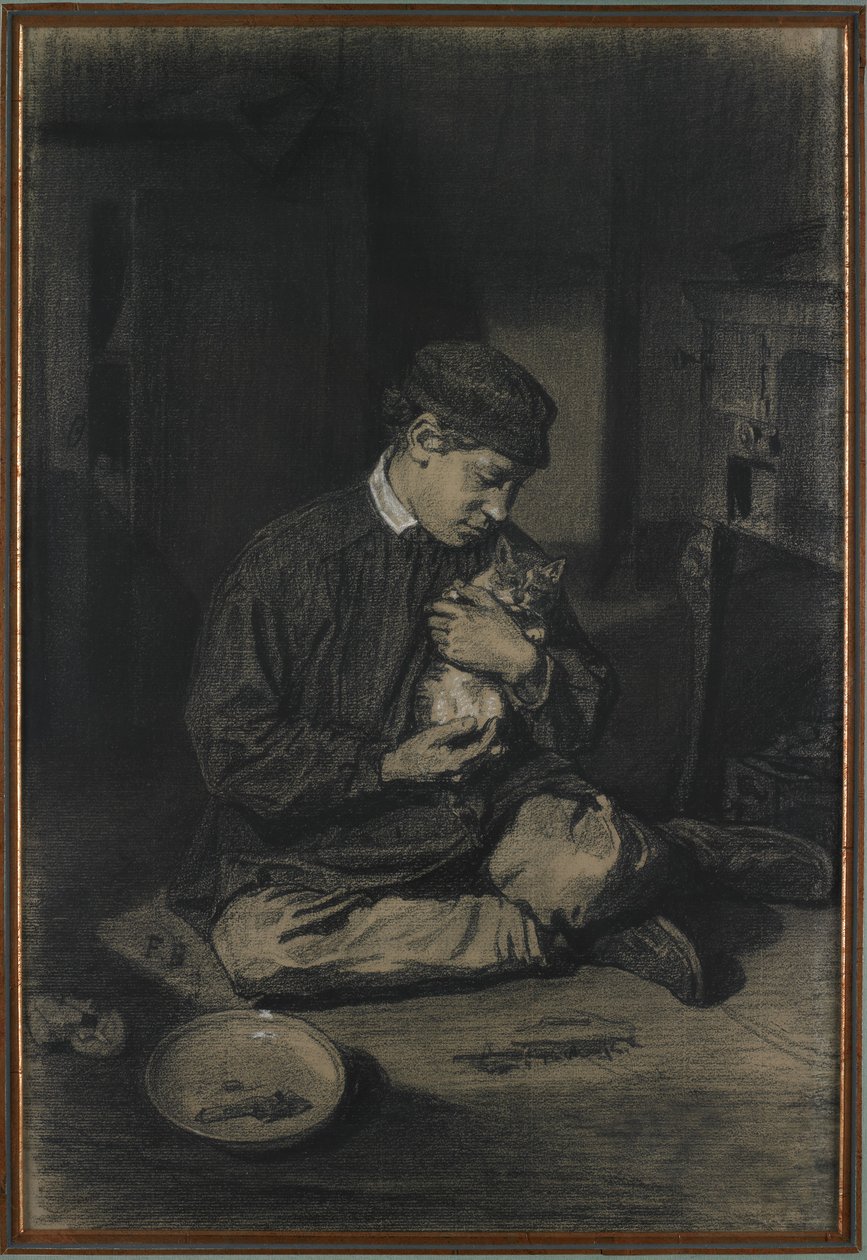 Oturan Çocuk Bir Kedi Tutarak (rekto); Yavru Kediler ve Bir Tabak Süt Çalışması (verso), c. 1874-80 (siyah tebeşir, beyaz tebeşir üzerine beyaz tebeşirle yükseltilmiş) by François Bonvin
