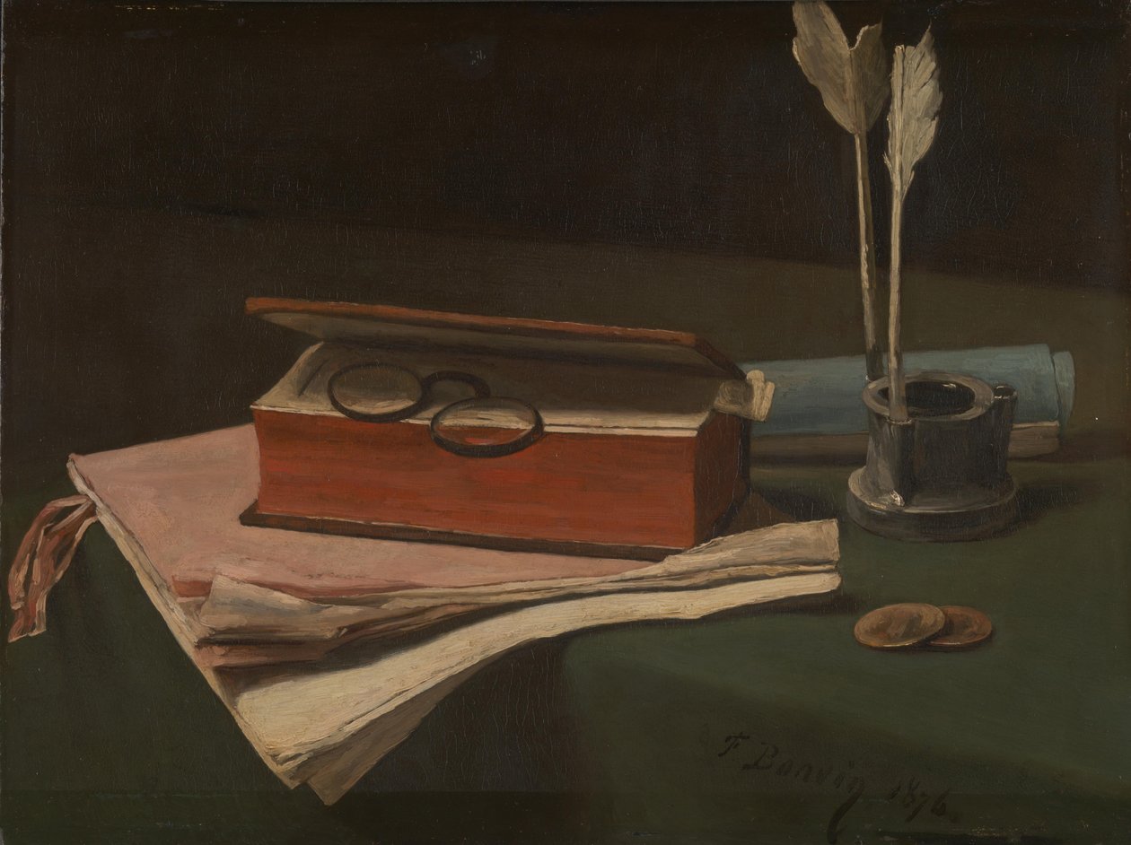 Kitap, Kağıtlar ve InkWell ile Natürmort, 1876 by François Bonvin