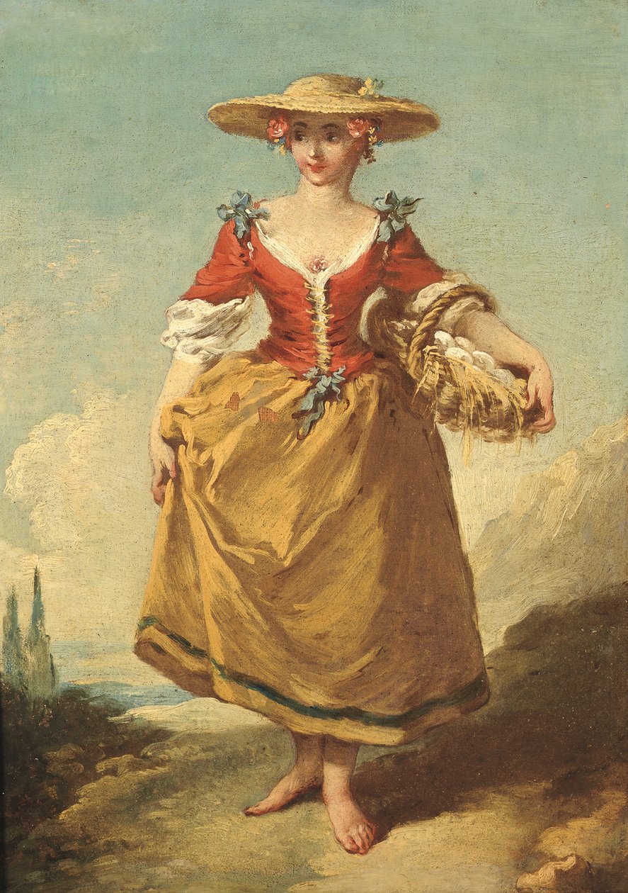 Manzarada bir sepet yumurta taşıyan bir köylü kızı (tuval üzerine yağlı boya) by François Boucher