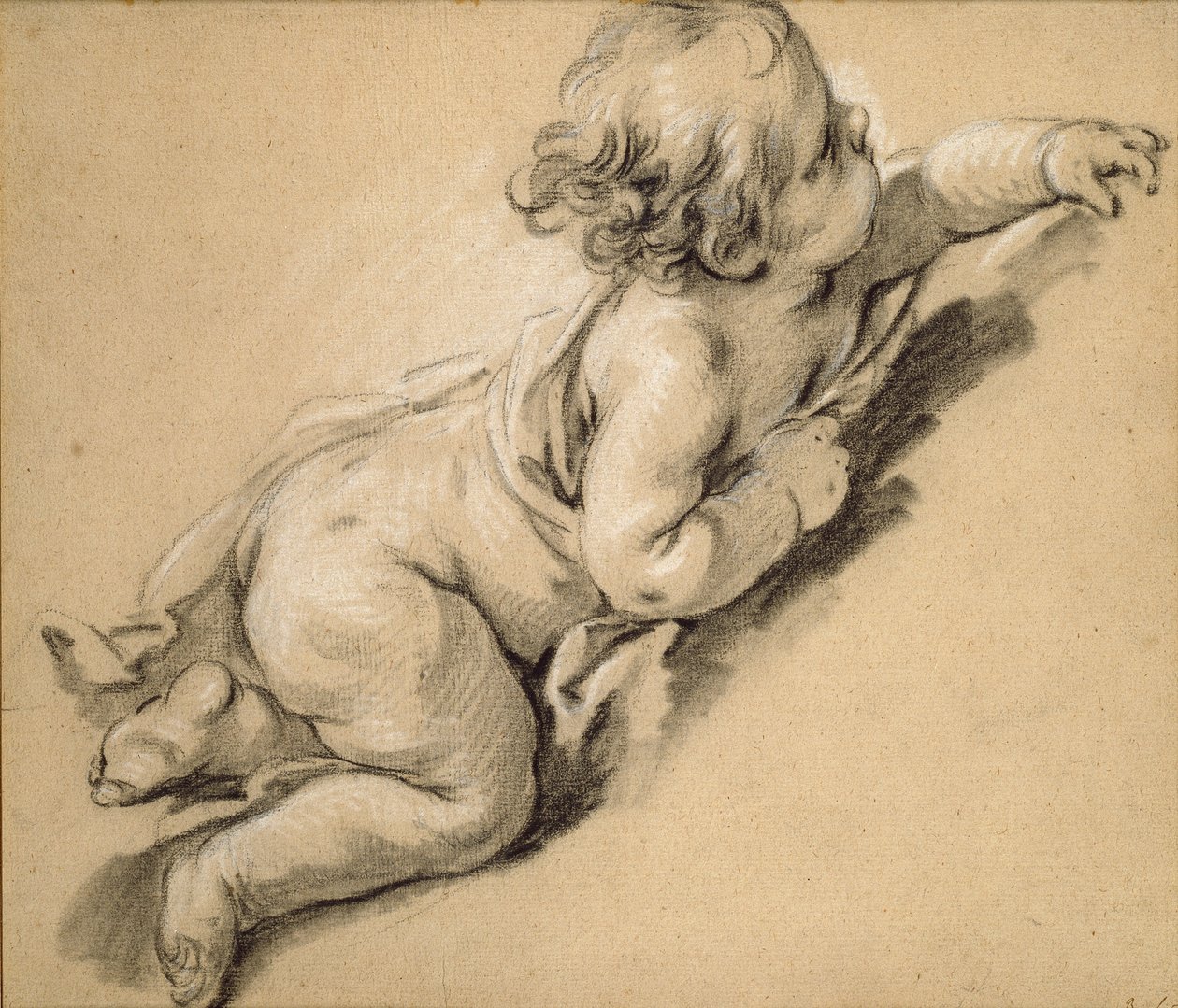 18. yüzyılın ortalarında sağa yaslanmış bir putto. by François Boucher