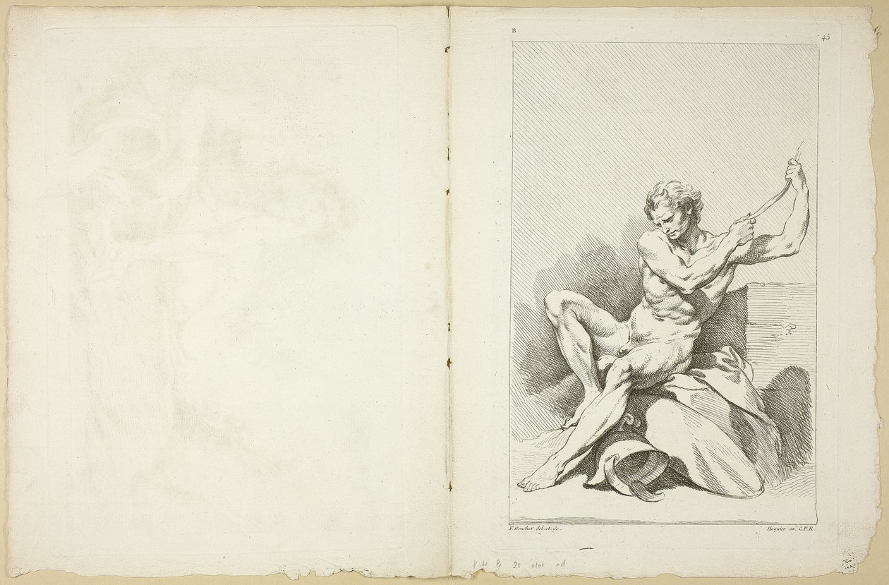 Akademik Çıplak (rekto ve tersi), Akademik Figürlerin İkinci Kitabından kısmen Kraliyet Akademisi Profesörleri tarafından oyulmuş by François Boucher