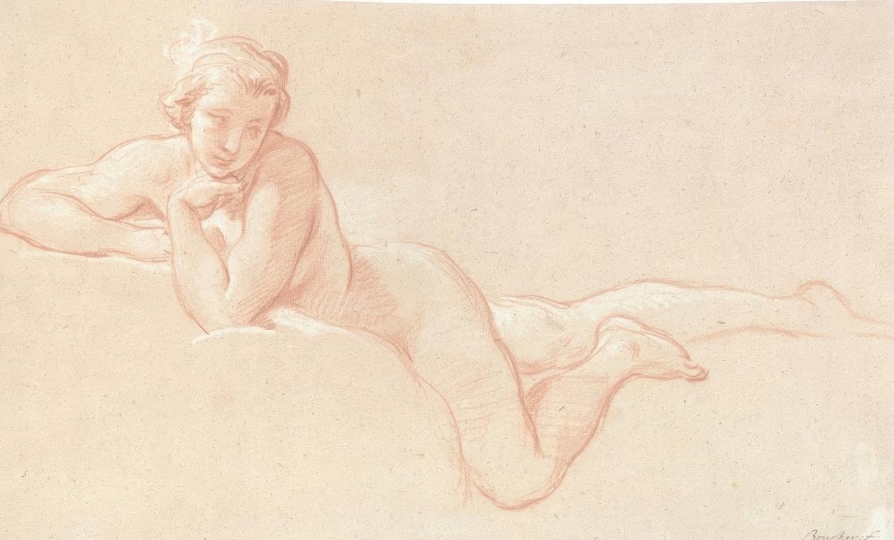 Bulutların üzerinde yatan, çenesi sol eline dayamış bir kadının çıplak çalışması by François Boucher