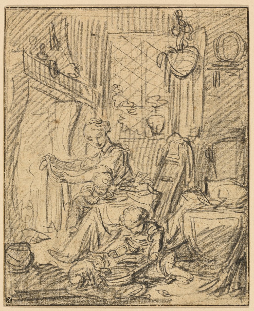 Ev Sahnesi: Bir Şöminenin Önünde İki Küçük Çocuklu Anne by François Boucher