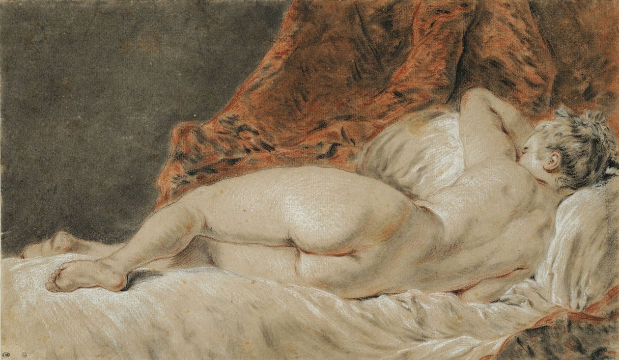 Arkadan görülen uzanmış kadın, Uyku adlı, yaklaşık 1720. by François Boucher