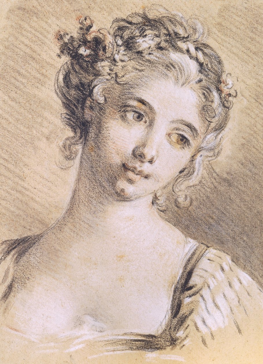 Genç Kızın Başı (kağıt üzerinde kömür ve beyaz tebeşir) by François Boucher