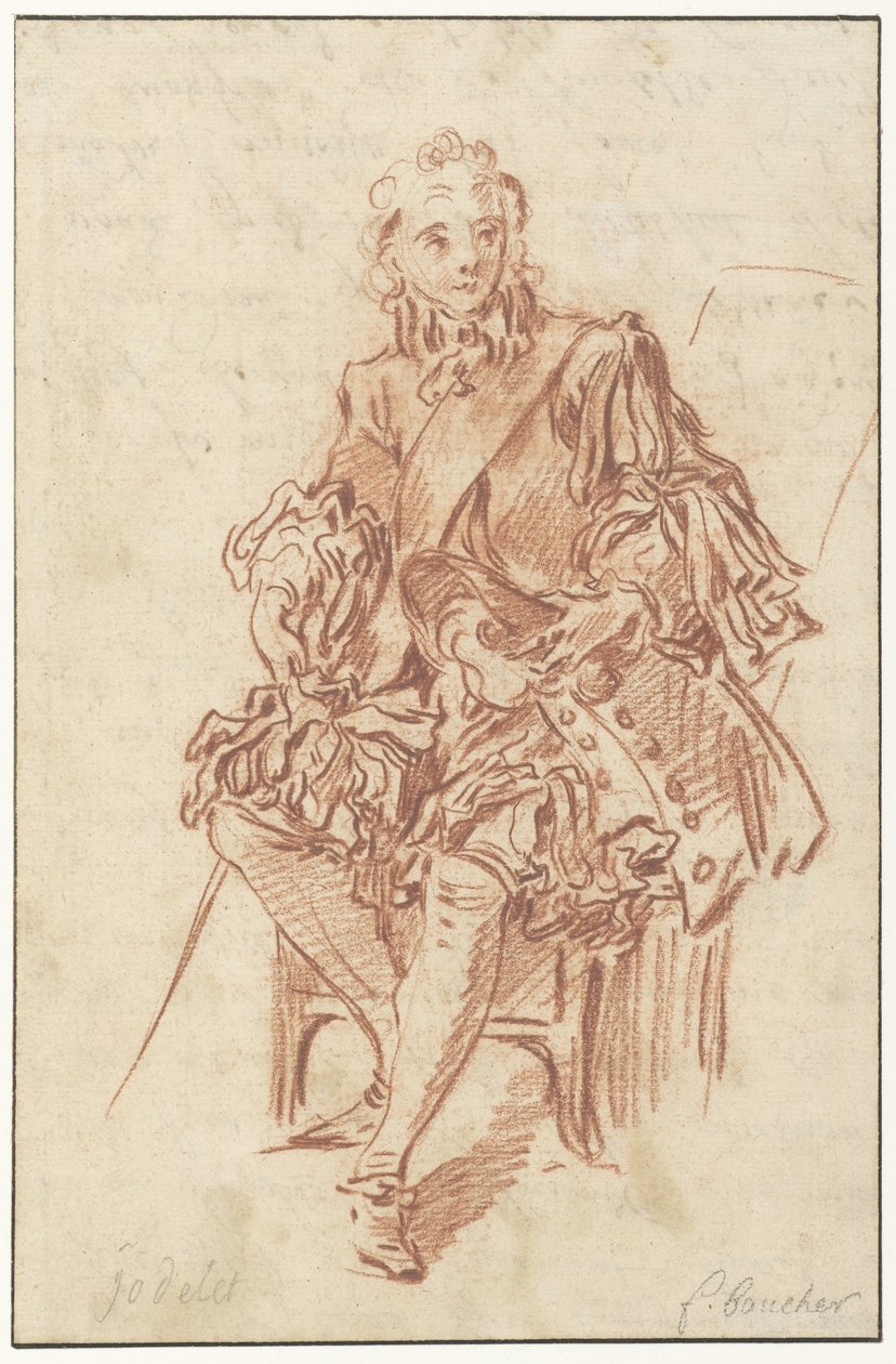 Jodelet bir sandalyede oturuyor Molière'in çalışmalarının 1734 baskısından Les Précieuses Ridicules'' illüstrasyonu için tasarım (cilt I, s. 247) (seri başlığı) by François Boucher