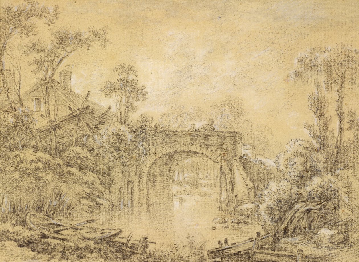 Rustik Köprülü Manzara, c.1740 (kremalı kağıt üzerine beyazla yükseltilmiş siyah tebeşir) by François Boucher