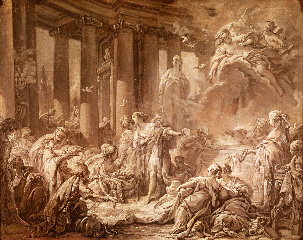 Psyche Receiving the Divine Honors (preparatory study), c.1740 (oil painting on paper mounted on canvas) by François Boucher