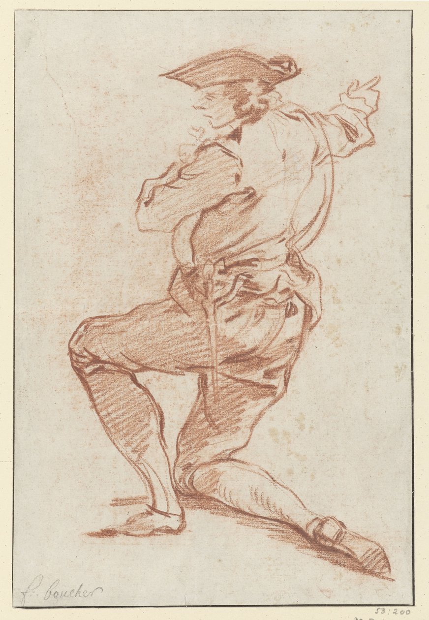 Molière'in eserlerinin 1734 baskısından Les Plaisirs de l'Ile Enchantée'' illüstrasyonu için diz çökmüş bir avcı tasarımı çalışması (cilt III, s. 104) (seri başlığı) by François Boucher